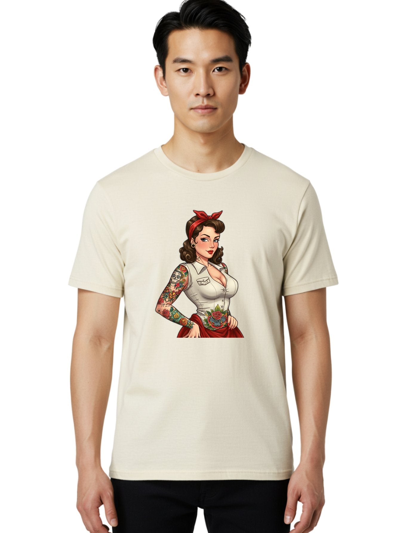Pin-Up-Girl Men'S Graphic Tee, 100% Cotton, Comfortable Casual Summer Wear, Machine Washable, Pin-Up Girl, Vintage Style, Tattoos, Red Skirt, White Shirt, Curvy Figure, Cartoon Character, Retro Aesthetic, Feminine Charm, Bold And Sassy, Bad419 19