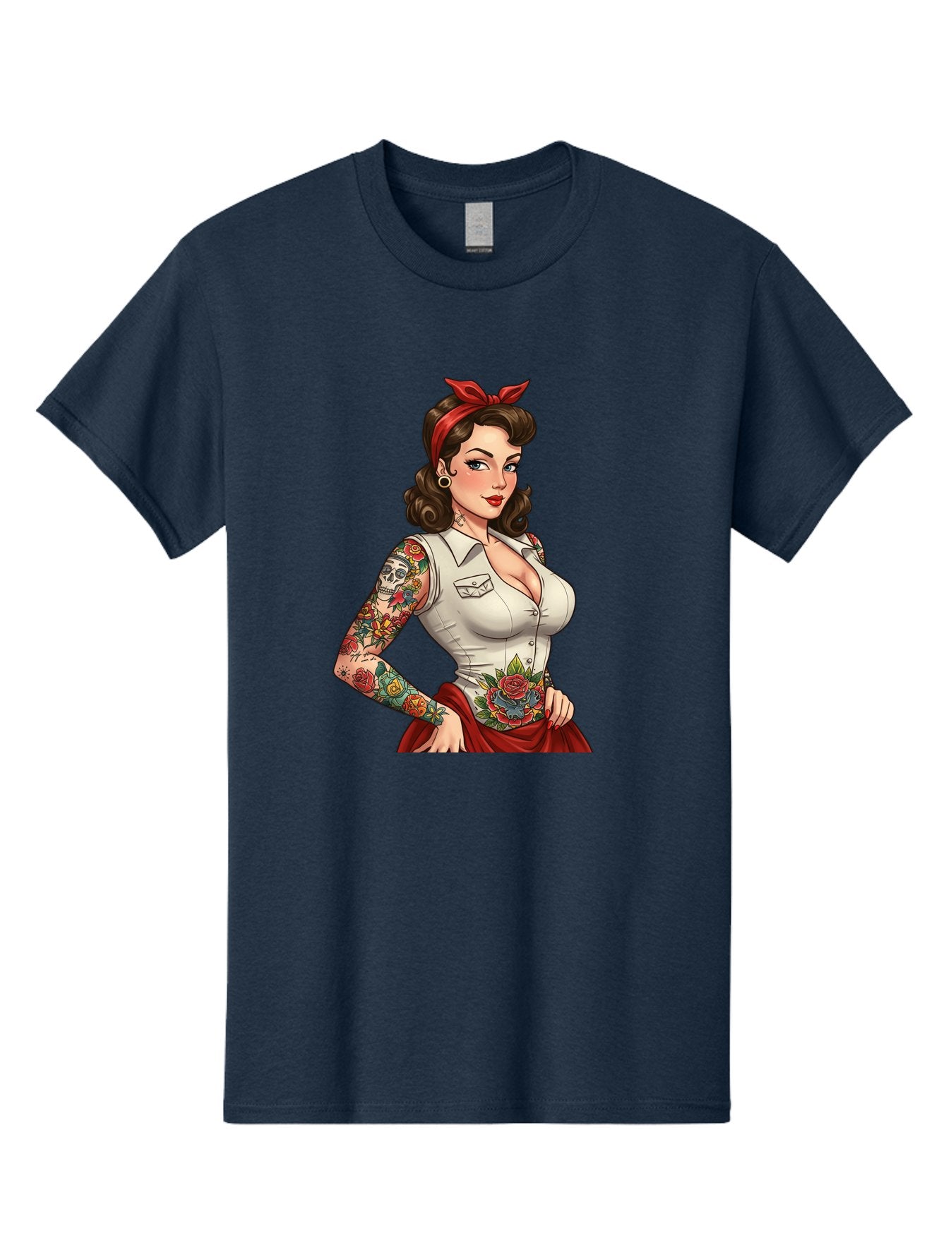 Pin-Up-Girl Men'S Graphic Tee, 100% Cotton, Comfortable Casual Summer Wear, Machine Washable, Pin-Up Girl, Vintage Style, Tattoos, Red Skirt, White Shirt, Curvy Figure, Cartoon Character, Retro Aesthetic, Feminine Charm, Bold And Sassy, Bad419 11