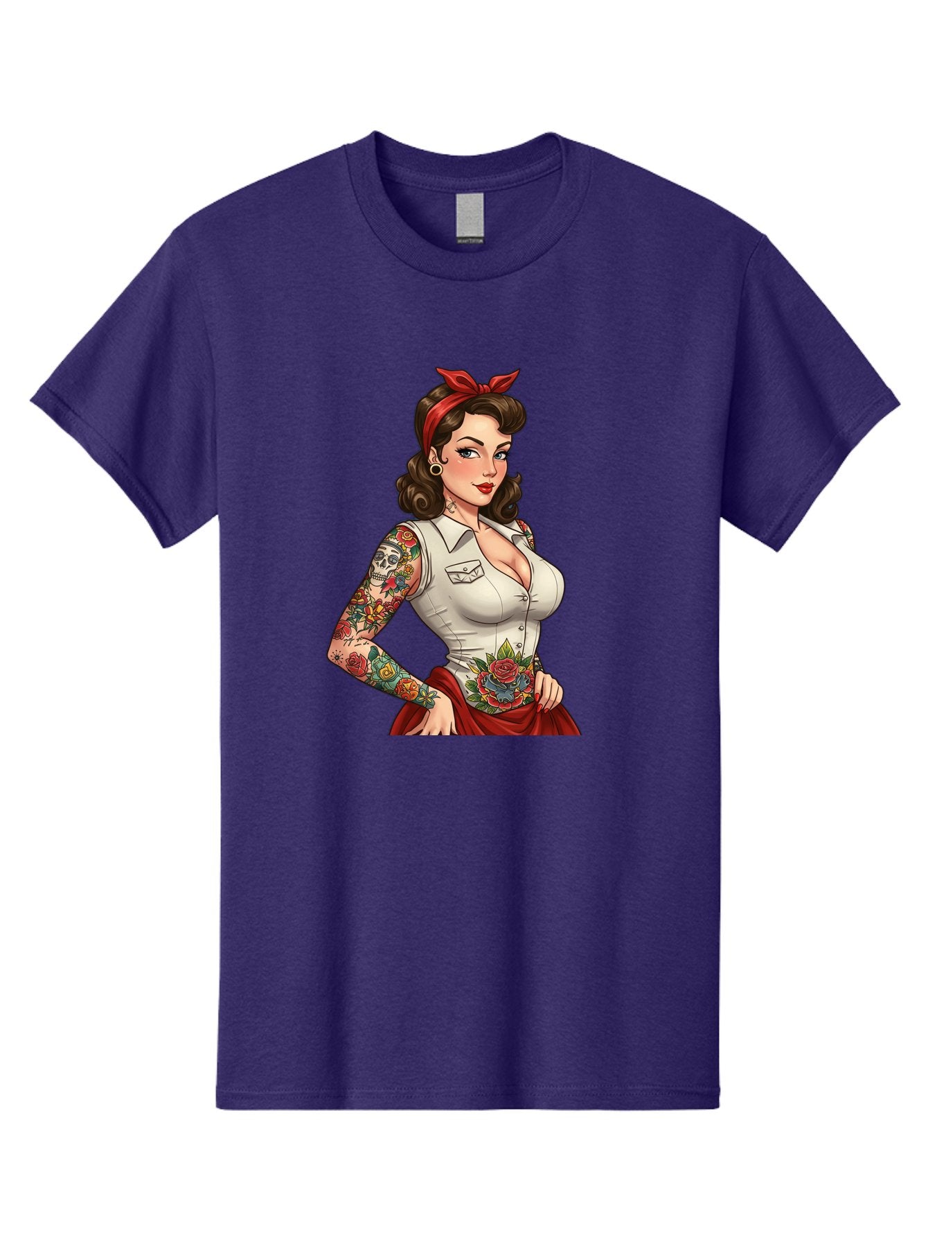 Pin-Up-Girl Men'S Graphic Tee, 100% Cotton, Comfortable Casual Summer Wear, Machine Washable, Pin-Up Girl, Vintage Style, Tattoos, Red Skirt, White Shirt, Curvy Figure, Cartoon Character, Retro Aesthetic, Feminine Charm, Bold And Sassy, Bad419 6