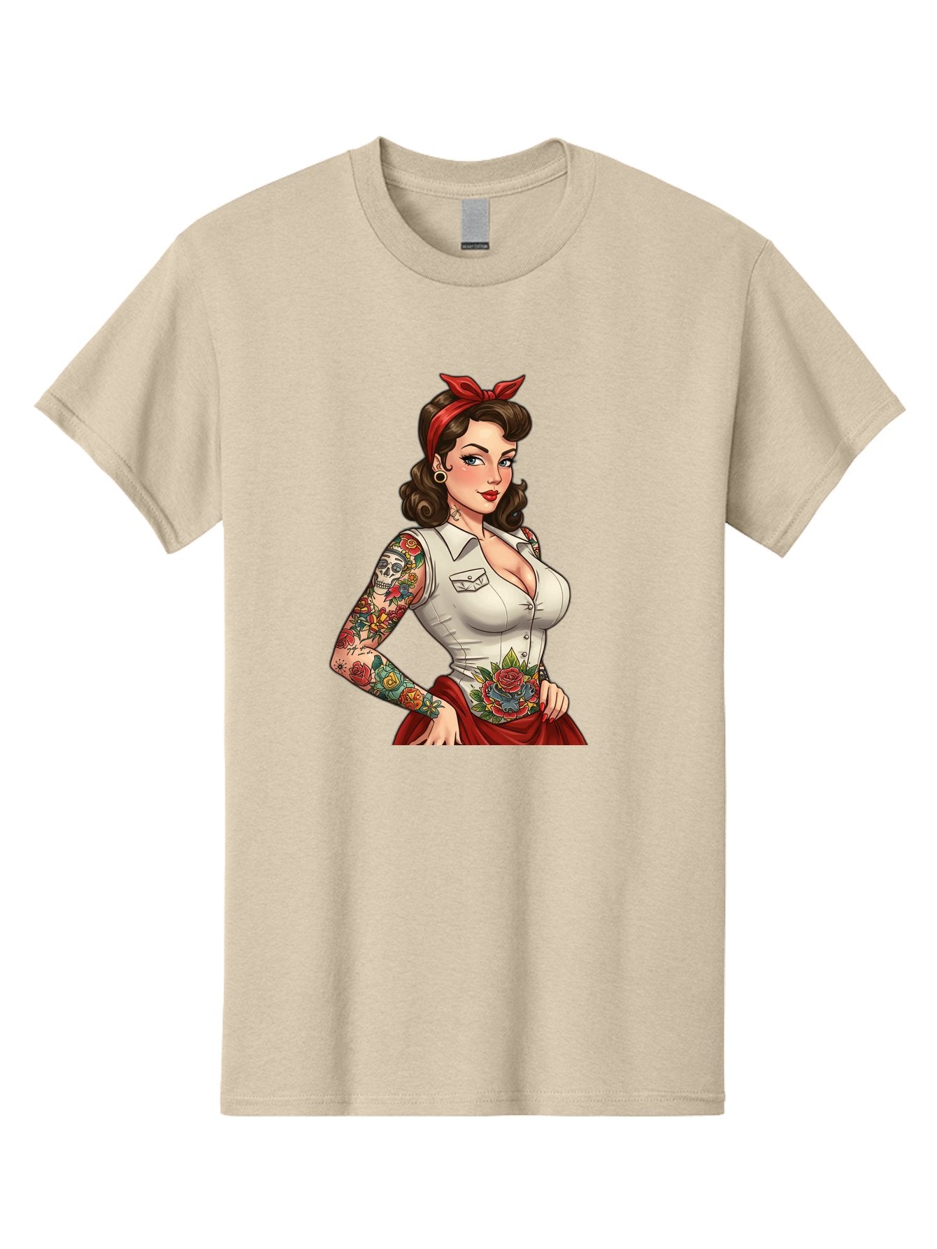 Pin-Up-Girl Men'S Graphic Tee, 100% Cotton, Comfortable Casual Summer Wear, Machine Washable, Pin-Up Girl, Vintage Style, Tattoos, Red Skirt, White Shirt, Curvy Figure, Cartoon Character, Retro Aesthetic, Feminine Charm, Bold And Sassy, Bad419 12