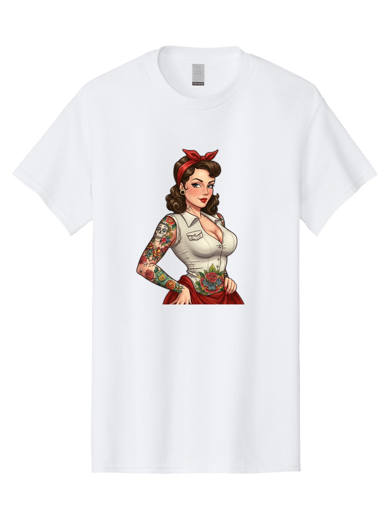 Pin-Up-Girl Men'S Graphic Tee, 100% Cotton, Comfortable Casual Summer Wear, Machine Washable, Pin-Up Girl, Vintage Style, Tattoos, Red Skirt, White Shirt, Curvy Figure, Cartoon Character, Retro Aesthetic, Feminine Charm, Bold And Sassy, Bad419 15