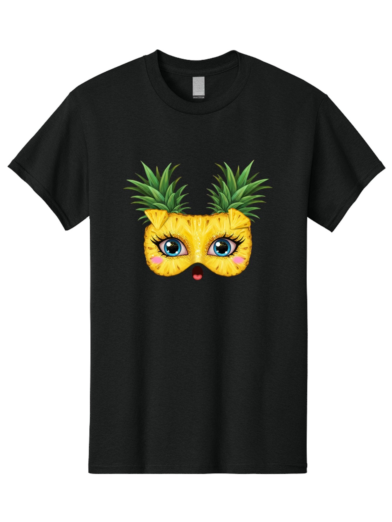 Pineapple-Mask Men'S Graphic Tee, 100% Cotton, Comfortable Casual Summer Wear, Machine Washable, Cartoon Pineapple With Face, Pineapple Character, Funny Fruit, Tropical Vibe, Blue Eyes, Eyelashes, Pink Cheeks, Surprised Expression, Summer Fun, Bad420 12