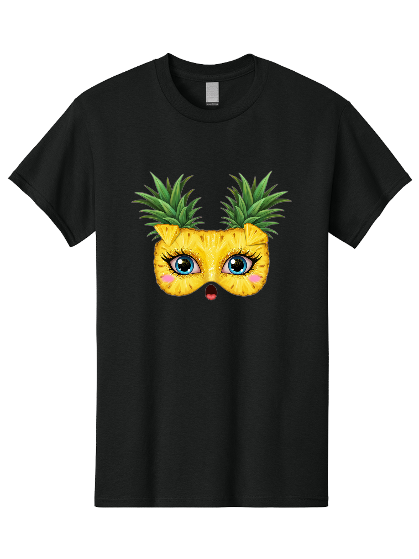 Pineapple-Mask Men'S Graphic Tee, 100% Cotton, Comfortable Casual Summer Wear, Machine Washable, Cartoon Pineapple With Face, Pineapple Character, Funny Fruit, Tropical Vibe, Blue Eyes, Eyelashes, Pink Cheeks, Surprised Expression, Summer Fun, Bad420 3