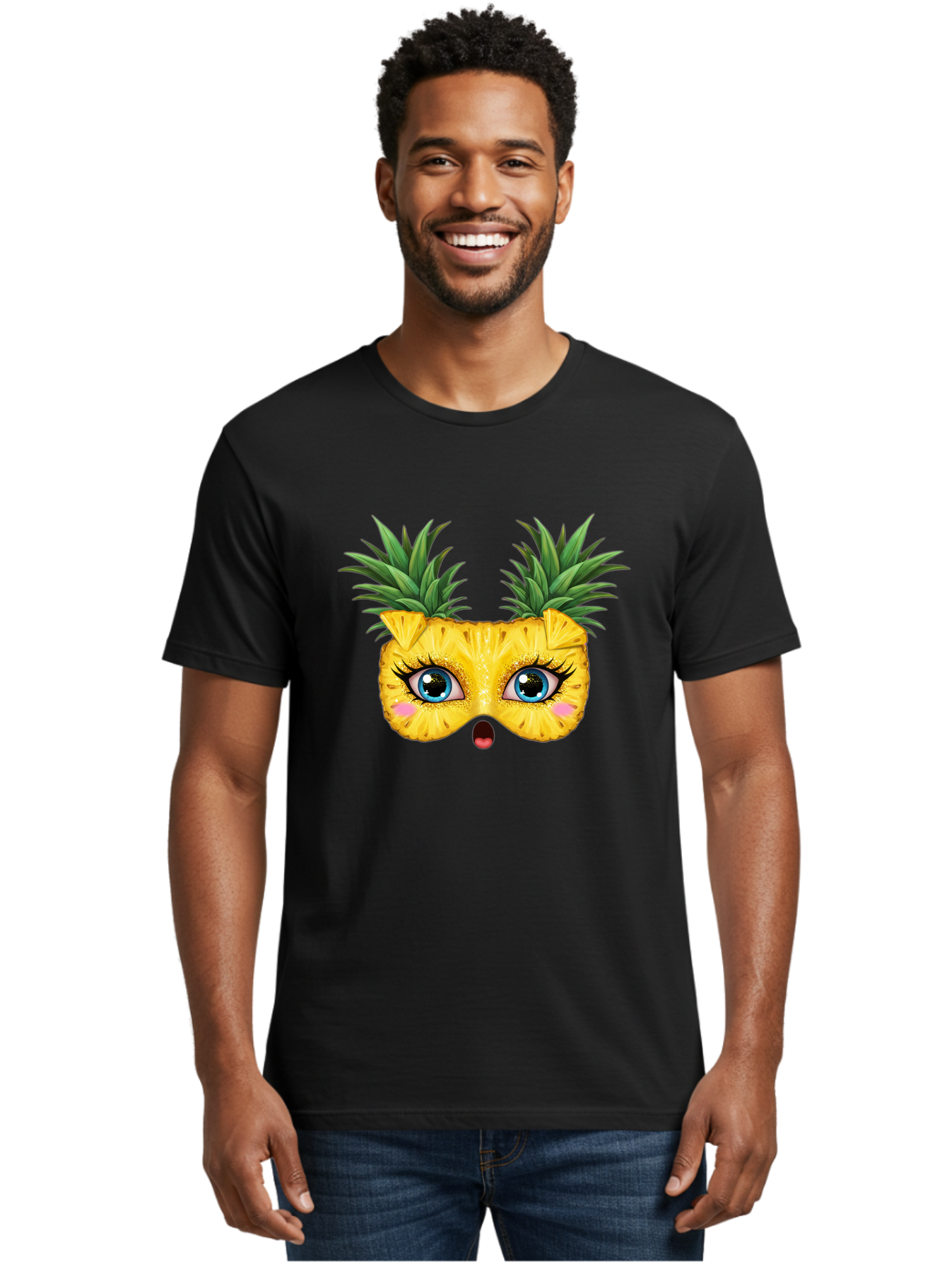 Pineapple-Mask Men'S Graphic Tee, 100% Cotton, Comfortable Casual Summer Wear, Machine Washable, Cartoon Pineapple With Face, Pineapple Character, Funny Fruit, Tropical Vibe, Blue Eyes, Eyelashes, Pink Cheeks, Surprised Expression, Summer Fun, Bad420 18