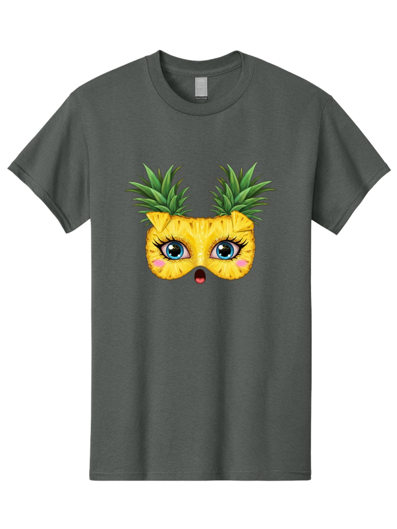 Pineapple-Mask Men'S Graphic Tee, 100% Cotton, Comfortable Casual Summer Wear, Machine Washable, Cartoon Pineapple With Face, Pineapple Character, Funny Fruit, Tropical Vibe, Blue Eyes, Eyelashes, Pink Cheeks, Surprised Expression, Summer Fun, Bad420 3