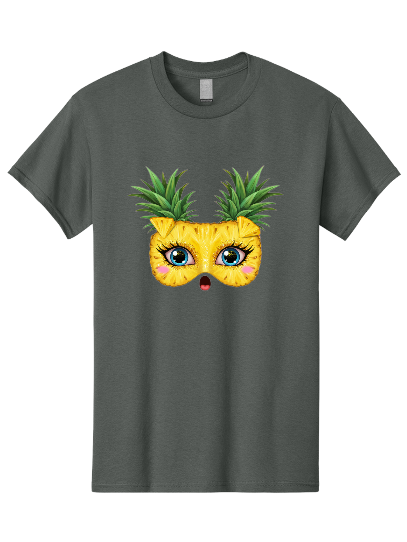 Pineapple-Mask Men'S Graphic Tee, 100% Cotton, Comfortable Casual Summer Wear, Machine Washable, Cartoon Pineapple With Face, Pineapple Character, Funny Fruit, Tropical Vibe, Blue Eyes, Eyelashes, Pink Cheeks, Surprised Expression, Summer Fun, Bad420 9