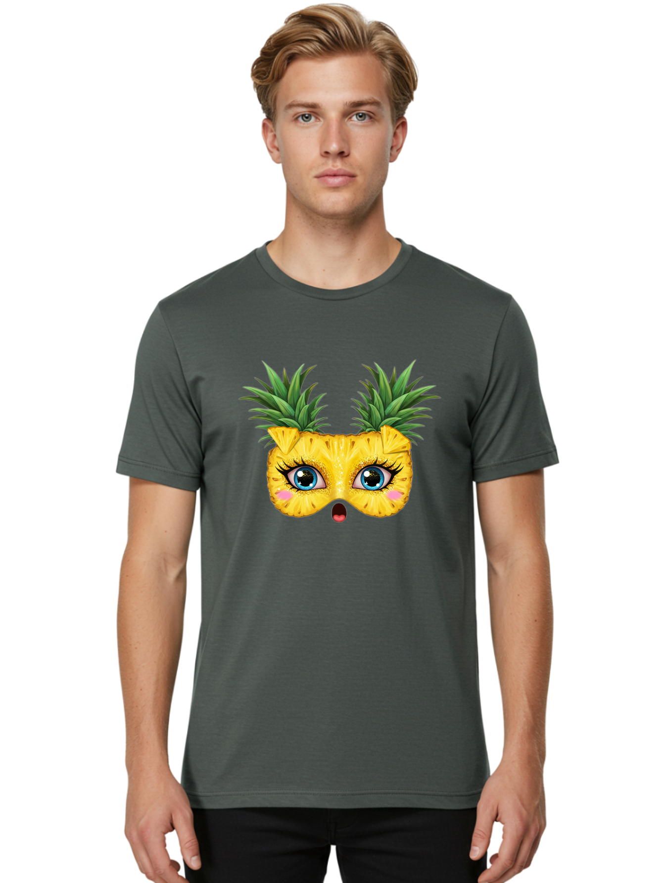 Pineapple-Mask Men'S Graphic Tee, 100% Cotton, Comfortable Casual Summer Wear, Machine Washable, Cartoon Pineapple With Face, Pineapple Character, Funny Fruit, Tropical Vibe, Blue Eyes, Eyelashes, Pink Cheeks, Surprised Expression, Summer Fun, Bad420 24