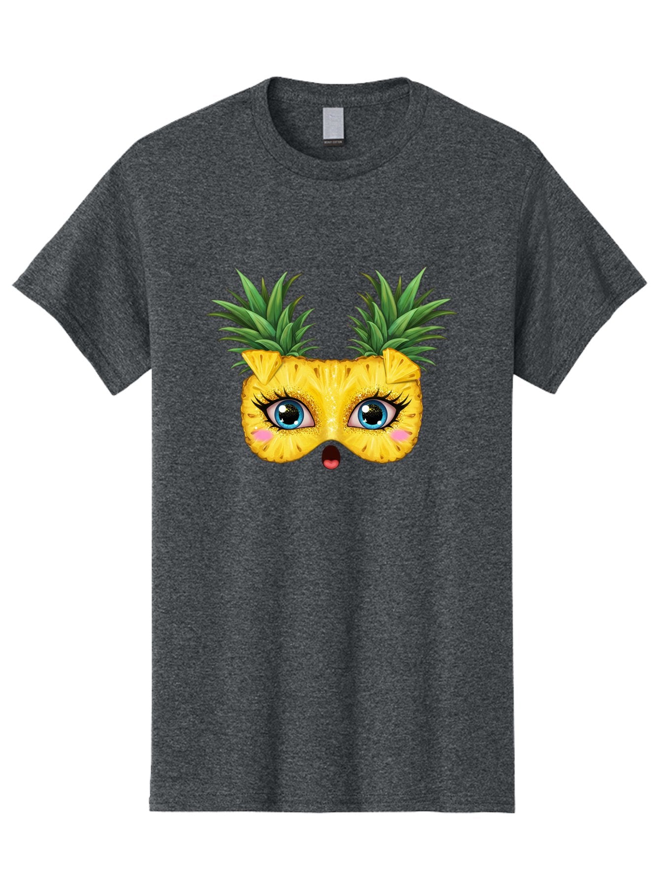 Pineapple-Mask Men'S Graphic Tee, 100% Cotton, Comfortable Casual Summer Wear, Machine Washable, Cartoon Pineapple With Face, Pineapple Character, Funny Fruit, Tropical Vibe, Blue Eyes, Eyelashes, Pink Cheeks, Surprised Expression, Summer Fun, Bad420 13
