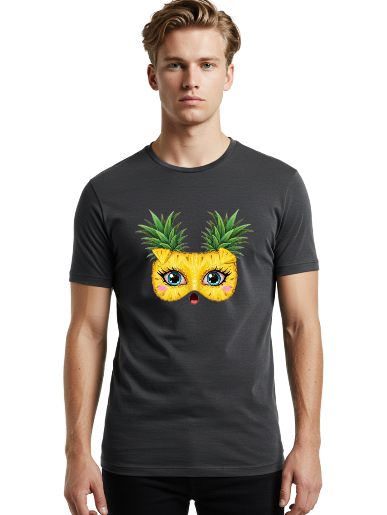 Pineapple-Mask Men'S Graphic Tee, 100% Cotton, Comfortable Casual Summer Wear, Machine Washable, Cartoon Pineapple With Face, Pineapple Character, Funny Fruit, Tropical Vibe, Blue Eyes, Eyelashes, Pink Cheeks, Surprised Expression, Summer Fun, Bad420 30