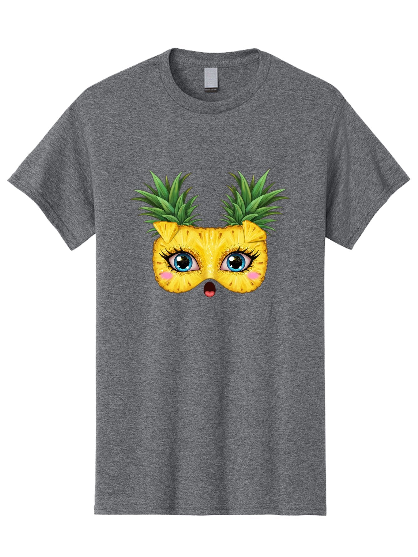 Pineapple-Mask Men'S Graphic Tee, 100% Cotton, Comfortable Casual Summer Wear, Machine Washable, Cartoon Pineapple With Face, Pineapple Character, Funny Fruit, Tropical Vibe, Blue Eyes, Eyelashes, Pink Cheeks, Surprised Expression, Summer Fun, Bad420 7
