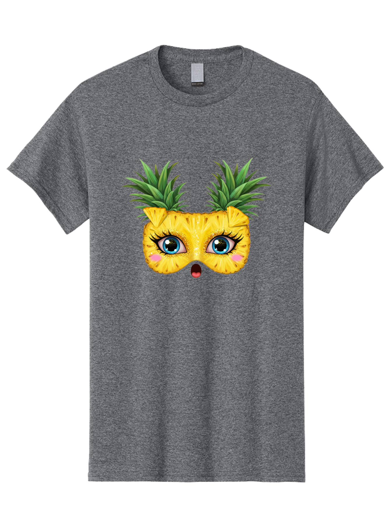 Pineapple-Mask Men'S Graphic Tee, 100% Cotton, Comfortable Casual Summer Wear, Machine Washable, Cartoon Pineapple With Face, Pineapple Character, Funny Fruit, Tropical Vibe, Blue Eyes, Eyelashes, Pink Cheeks, Surprised Expression, Summer Fun, Bad420 13