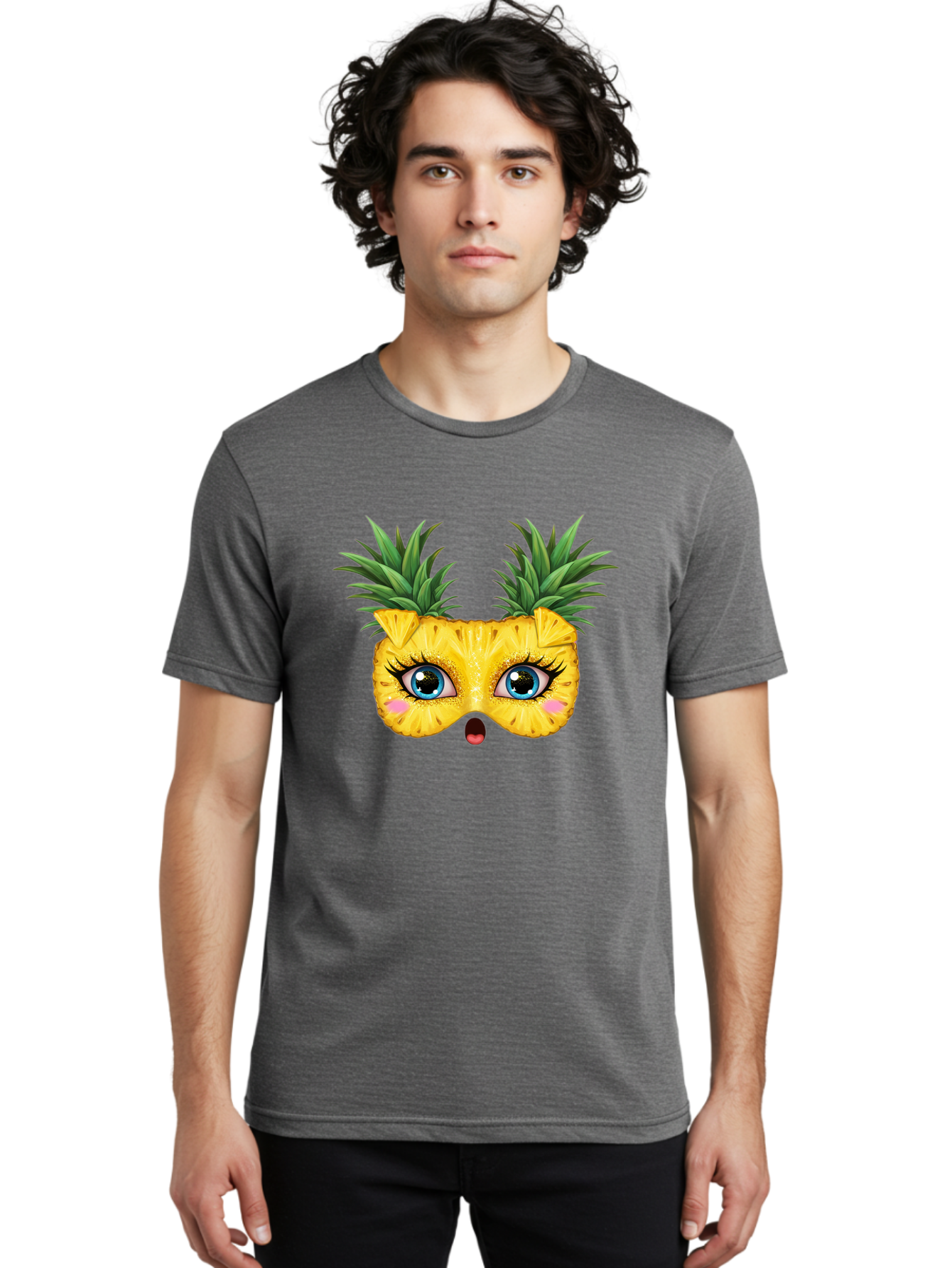 Pineapple-Mask Men'S Graphic Tee, 100% Cotton, Comfortable Casual Summer Wear, Machine Washable, Cartoon Pineapple With Face, Pineapple Character, Funny Fruit, Tropical Vibe, Blue Eyes, Eyelashes, Pink Cheeks, Surprised Expression, Summer Fun, Bad420 28