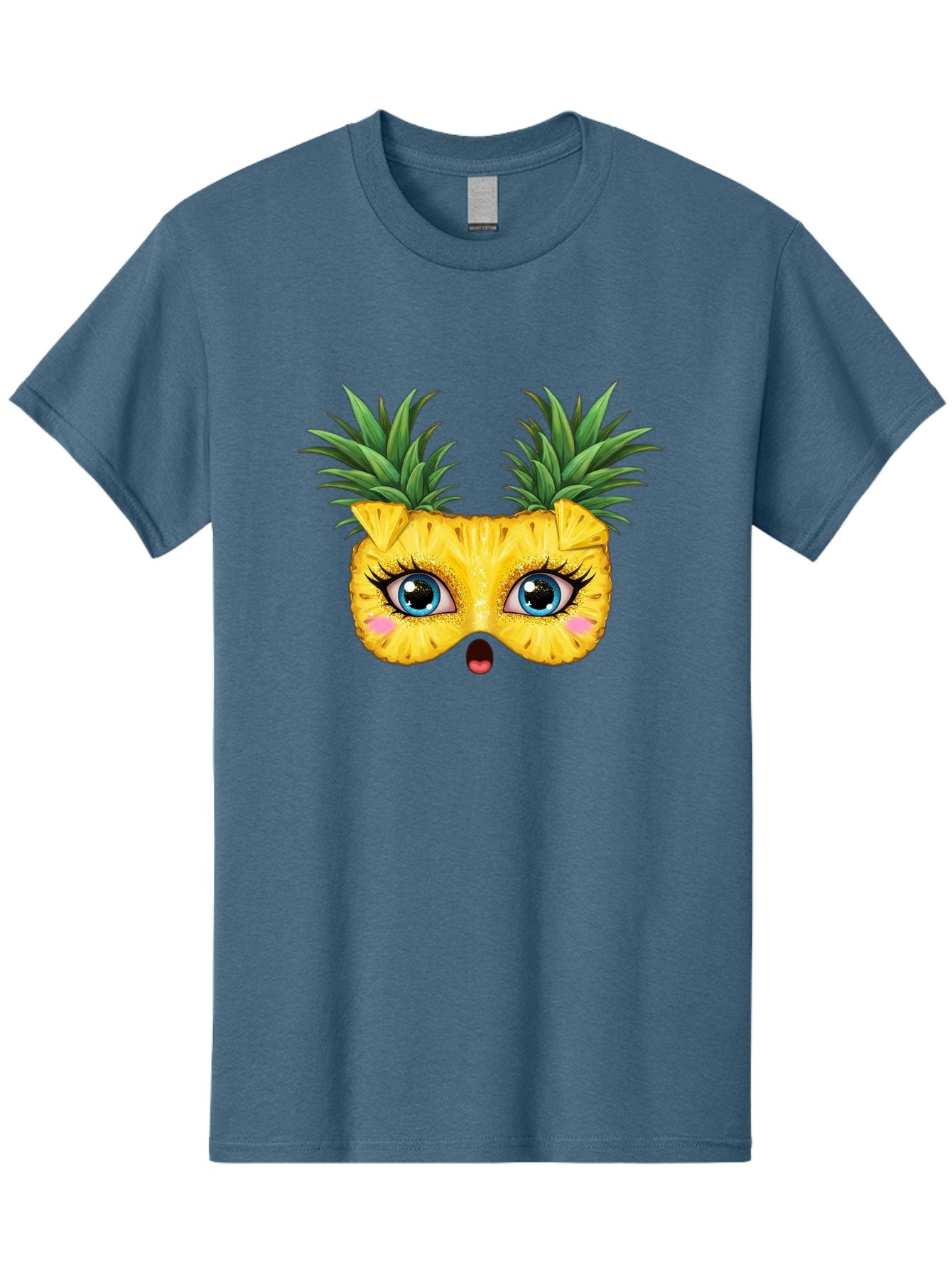 Pineapple-Mask Men'S Graphic Tee, 100% Cotton, Comfortable Casual Summer Wear, Machine Washable, Cartoon Pineapple With Face, Pineapple Character, Funny Fruit, Tropical Vibe, Blue Eyes, Eyelashes, Pink Cheeks, Surprised Expression, Summer Fun, Bad420 11