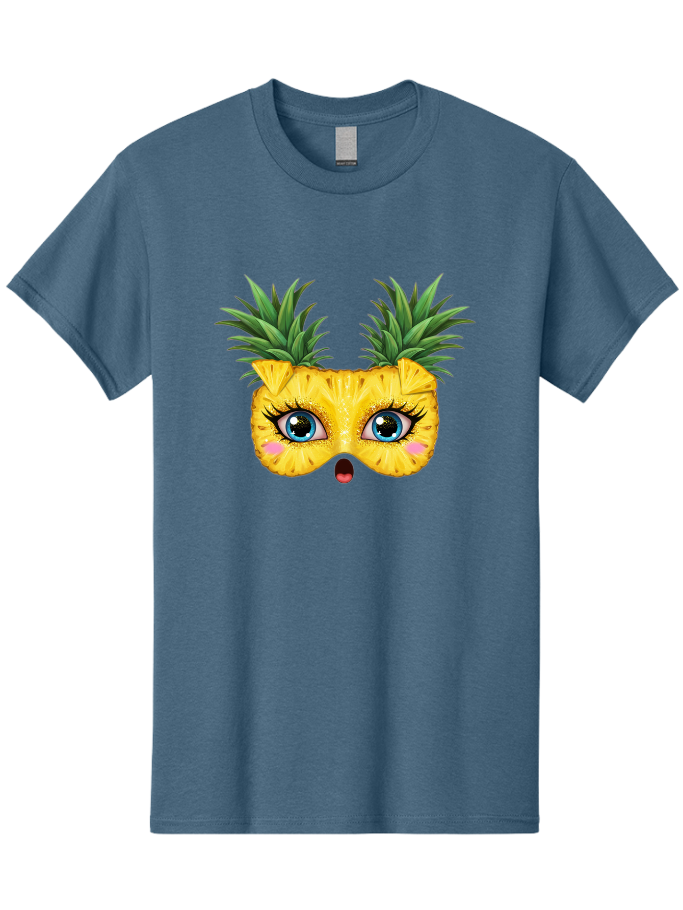 Pineapple-Mask Men'S Graphic Tee, 100% Cotton, Comfortable Casual Summer Wear, Machine Washable, Cartoon Pineapple With Face, Pineapple Character, Funny Fruit, Tropical Vibe, Blue Eyes, Eyelashes, Pink Cheeks, Surprised Expression, Summer Fun, Bad420 4