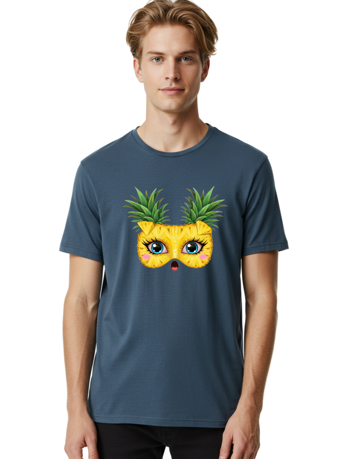 Pineapple-Mask Men'S Graphic Tee, 100% Cotton, Comfortable Casual Summer Wear, Machine Washable, Cartoon Pineapple With Face, Pineapple Character, Funny Fruit, Tropical Vibe, Blue Eyes, Eyelashes, Pink Cheeks, Surprised Expression, Summer Fun, Bad420 19