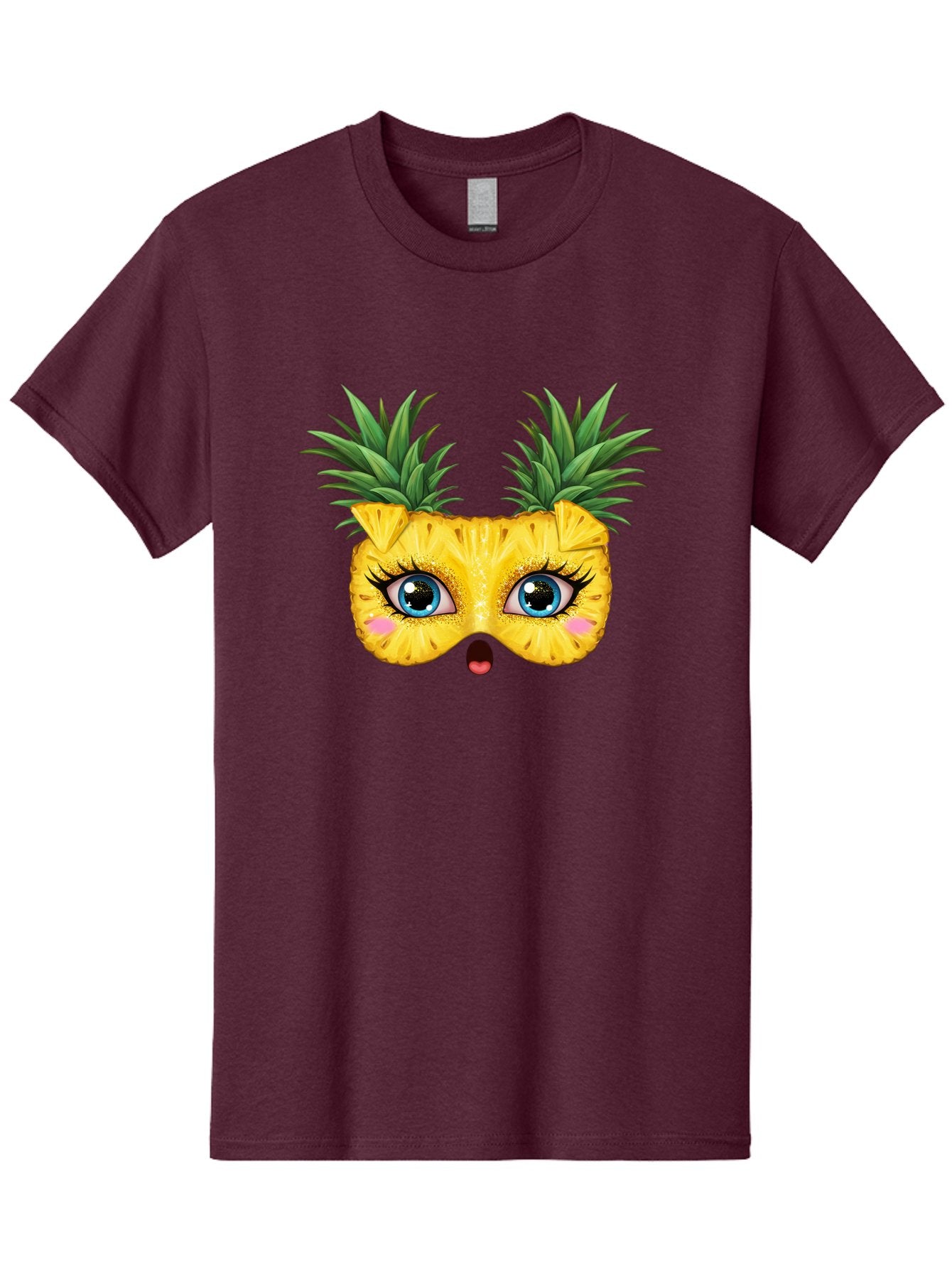 Pineapple-Mask Men'S Graphic Tee, 100% Cotton, Comfortable Casual Summer Wear, Machine Washable, Cartoon Pineapple With Face, Pineapple Character, Funny Fruit, Tropical Vibe, Blue Eyes, Eyelashes, Pink Cheeks, Surprised Expression, Summer Fun, Bad420 5