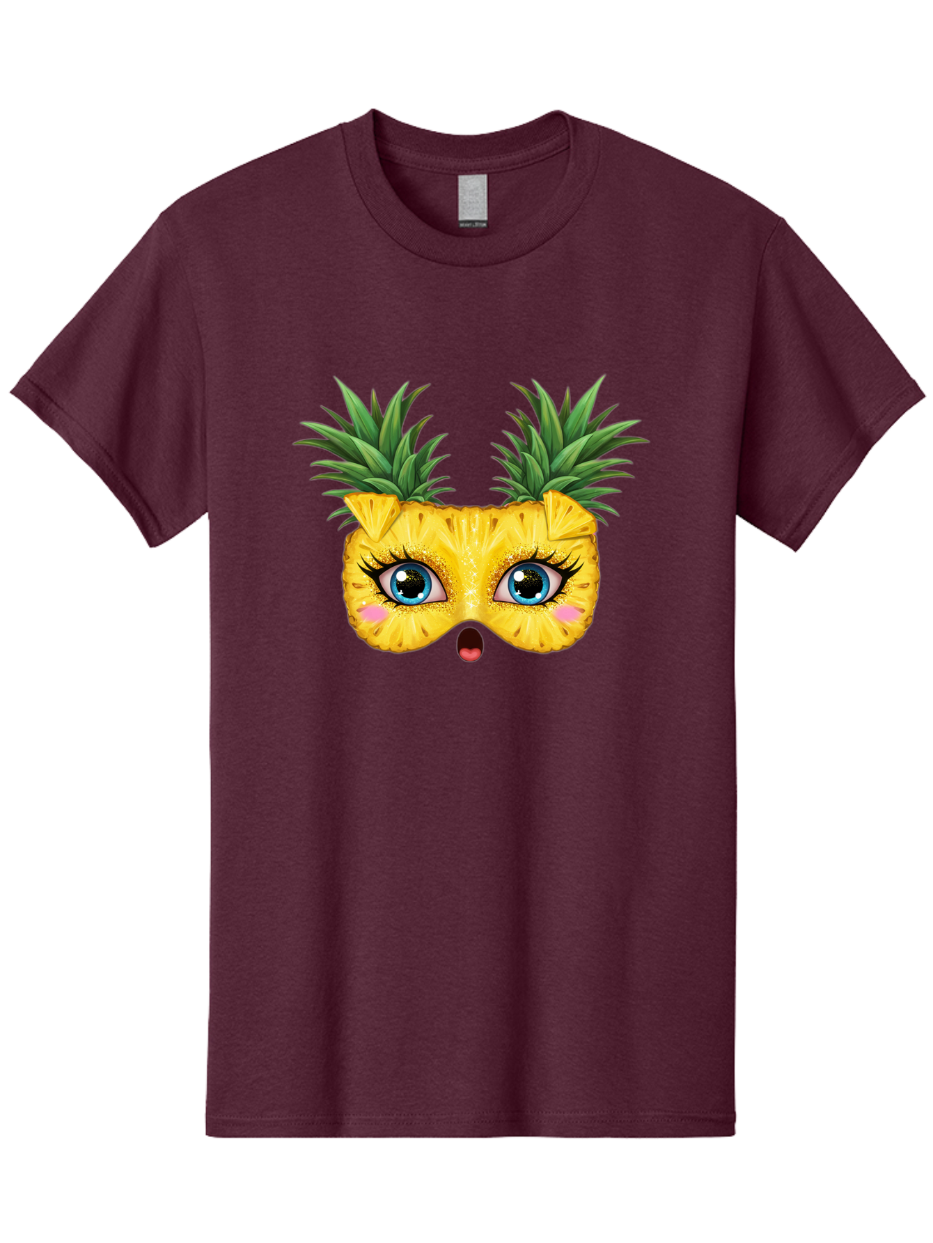 Pineapple-Mask Men'S Graphic Tee, 100% Cotton, Comfortable Casual Summer Wear, Machine Washable, Cartoon Pineapple With Face, Pineapple Character, Funny Fruit, Tropical Vibe, Blue Eyes, Eyelashes, Pink Cheeks, Surprised Expression, Summer Fun, Bad420 8