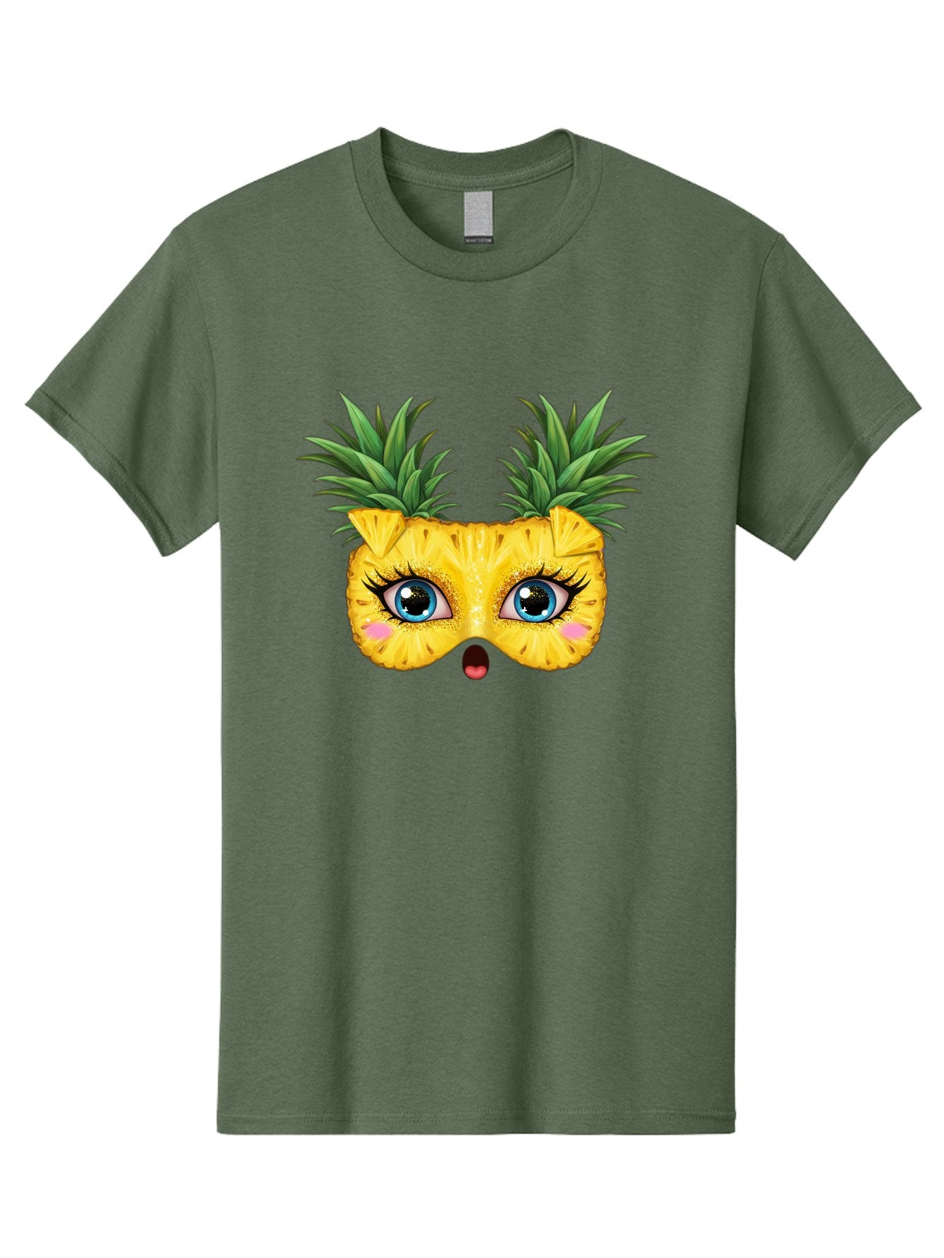 Pineapple-Mask Men'S Graphic Tee, 100% Cotton, Comfortable Casual Summer Wear, Machine Washable, Cartoon Pineapple With Face, Pineapple Character, Funny Fruit, Tropical Vibe, Blue Eyes, Eyelashes, Pink Cheeks, Surprised Expression, Summer Fun, Bad420 10
