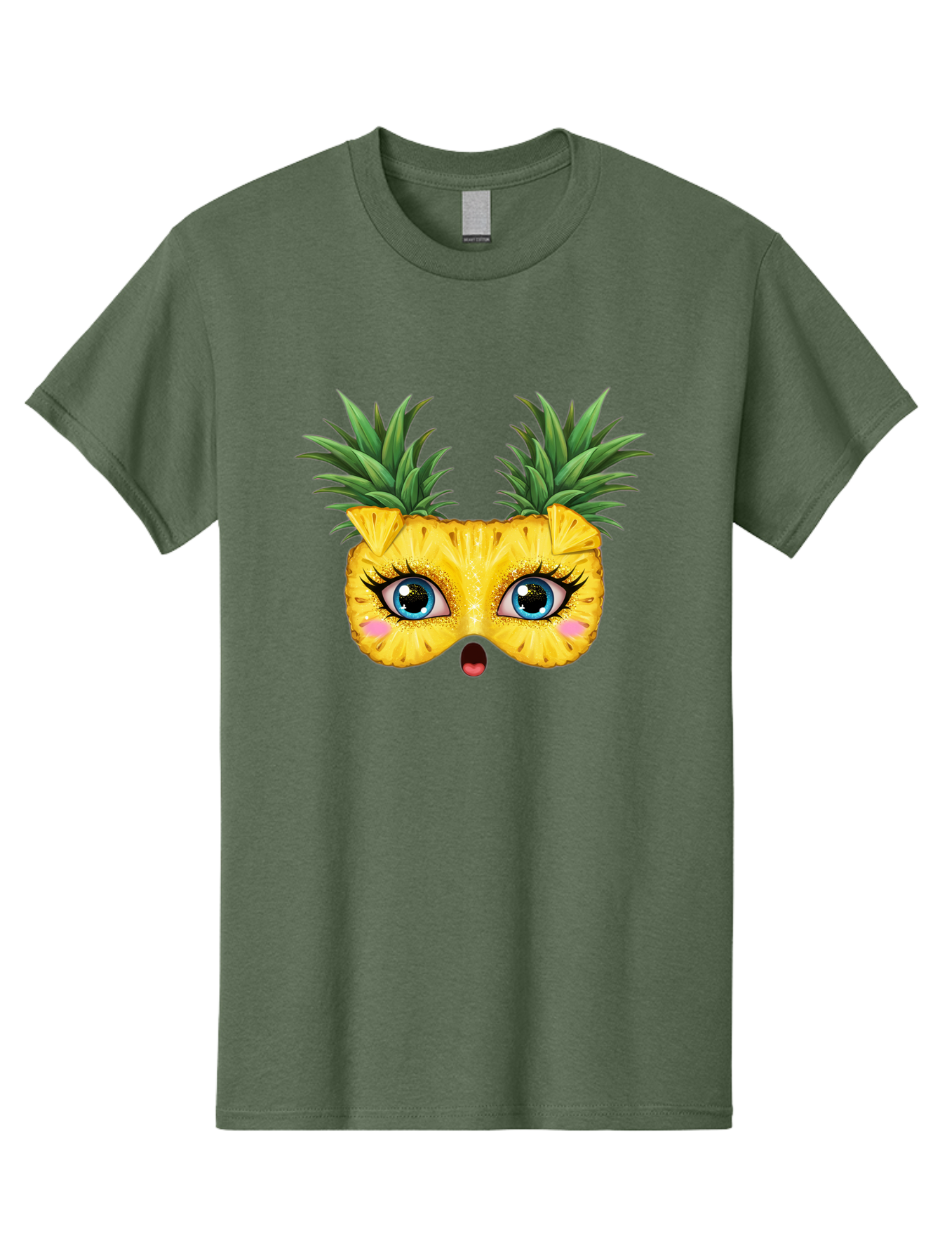 Pineapple-Mask Men'S Graphic Tee, 100% Cotton, Comfortable Casual Summer Wear, Machine Washable, Cartoon Pineapple With Face, Pineapple Character, Funny Fruit, Tropical Vibe, Blue Eyes, Eyelashes, Pink Cheeks, Surprised Expression, Summer Fun, Bad420 14