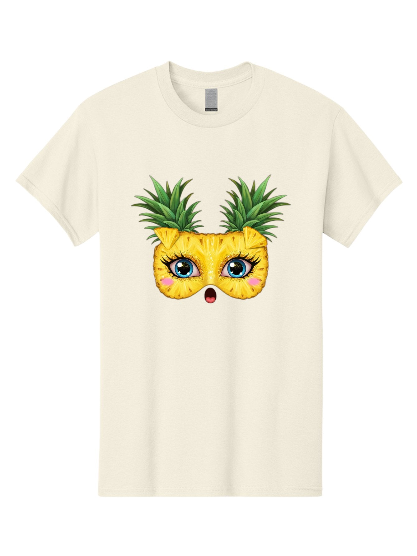 Pineapple-Mask Men'S Graphic Tee, 100% Cotton, Comfortable Casual Summer Wear, Machine Washable, Cartoon Pineapple With Face, Pineapple Character, Funny Fruit, Tropical Vibe, Blue Eyes, Eyelashes, Pink Cheeks, Surprised Expression, Summer Fun, Bad420