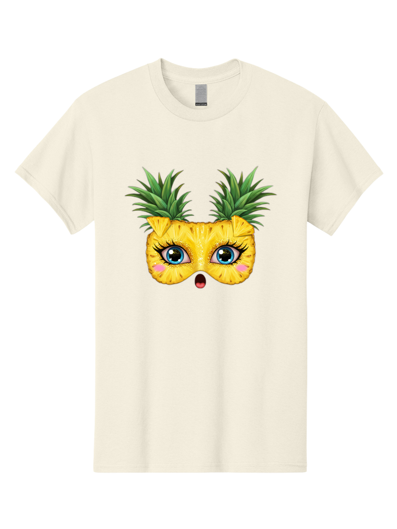 Pineapple-Mask Men'S Graphic Tee, 100% Cotton, Comfortable Casual Summer Wear, Machine Washable, Cartoon Pineapple With Face, Pineapple Character, Funny Fruit, Tropical Vibe, Blue Eyes, Eyelashes, Pink Cheeks, Surprised Expression, Summer Fun, Bad420 11
