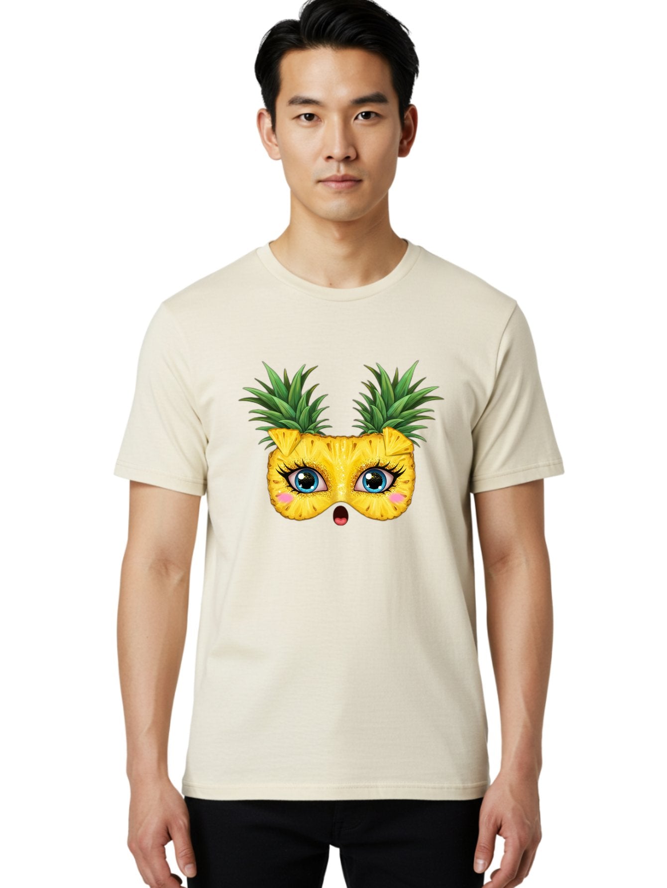 Pineapple-Mask Men'S Graphic Tee, 100% Cotton, Comfortable Casual Summer Wear, Machine Washable, Cartoon Pineapple With Face, Pineapple Character, Funny Fruit, Tropical Vibe, Blue Eyes, Eyelashes, Pink Cheeks, Surprised Expression, Summer Fun, Bad420 19