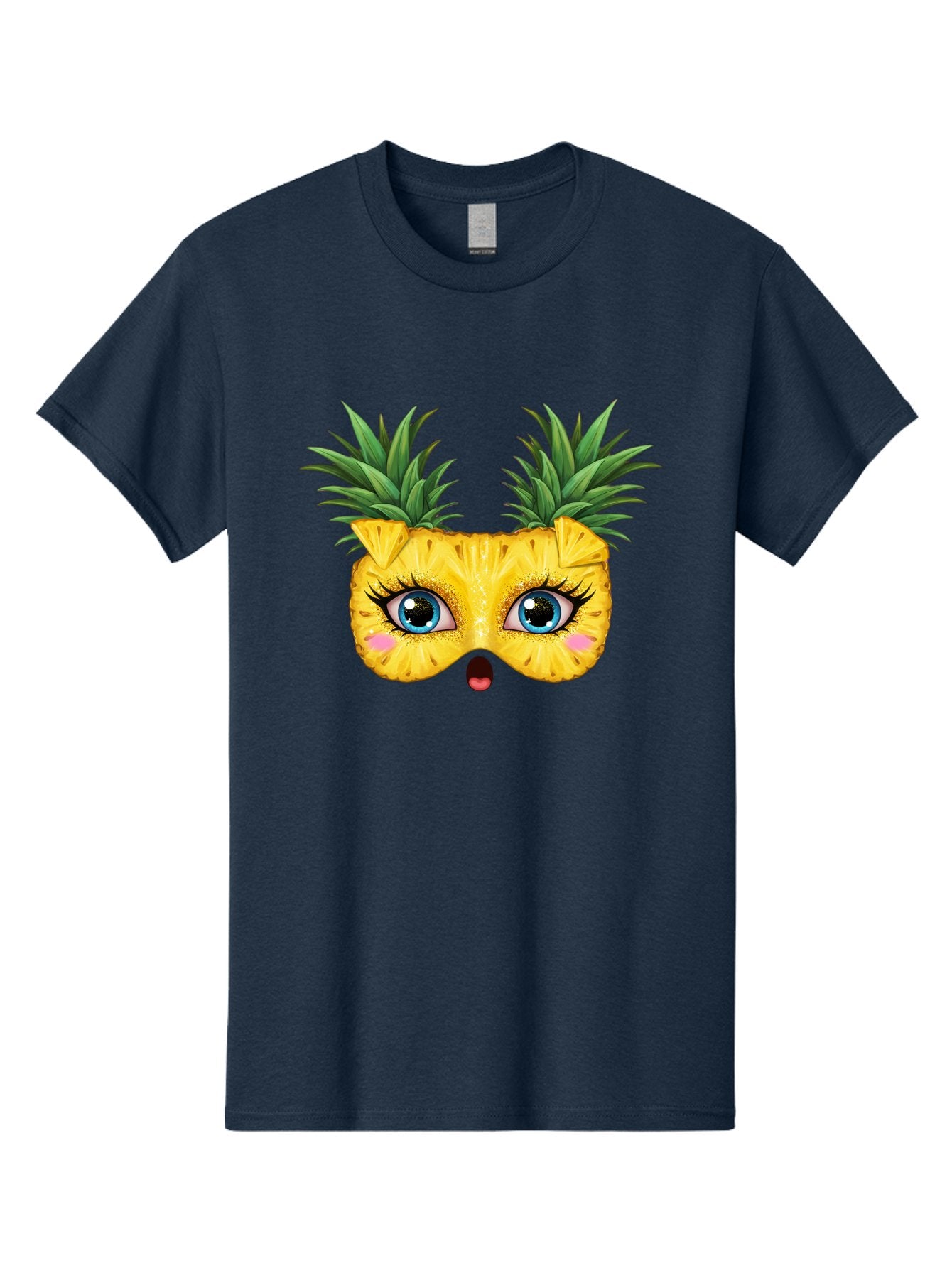 Pineapple-Mask Men'S Graphic Tee, 100% Cotton, Comfortable Casual Summer Wear, Machine Washable, Cartoon Pineapple With Face, Pineapple Character, Funny Fruit, Tropical Vibe, Blue Eyes, Eyelashes, Pink Cheeks, Surprised Expression, Summer Fun, Bad420