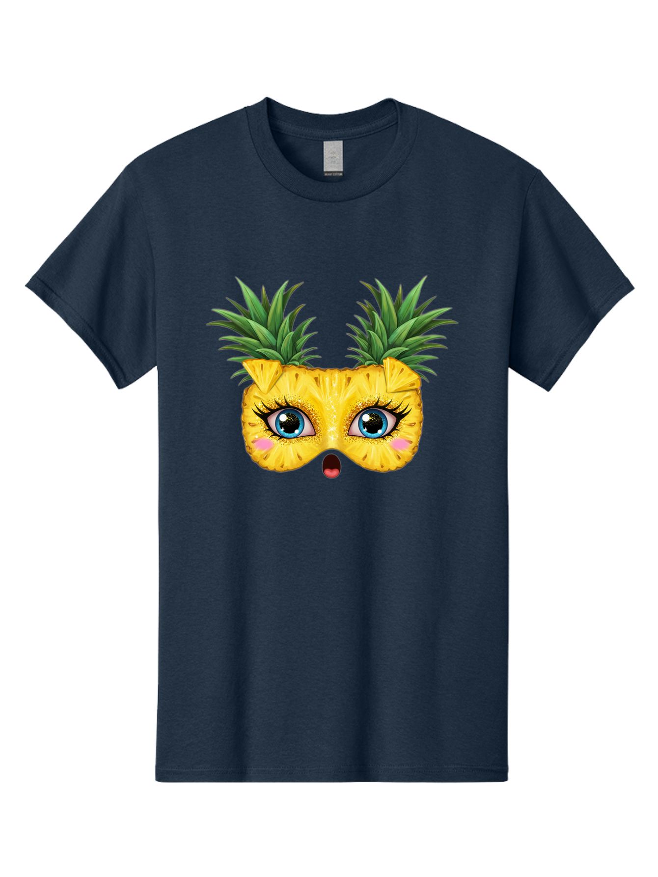 Pineapple-Mask Men'S Graphic Tee, 100% Cotton, Comfortable Casual Summer Wear, Machine Washable, Cartoon Pineapple With Face, Pineapple Character, Funny Fruit, Tropical Vibe, Blue Eyes, Eyelashes, Pink Cheeks, Surprised Expression, Summer Fun, Bad420 10