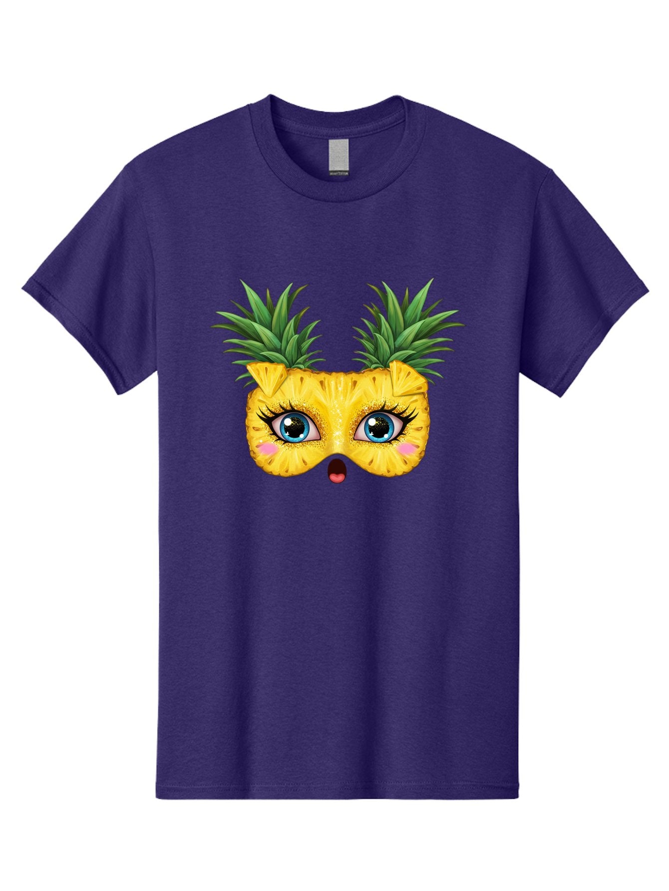 Pineapple-Mask Men'S Graphic Tee, 100% Cotton, Comfortable Casual Summer Wear, Machine Washable, Cartoon Pineapple With Face, Pineapple Character, Funny Fruit, Tropical Vibe, Blue Eyes, Eyelashes, Pink Cheeks, Surprised Expression, Summer Fun, Bad420 14