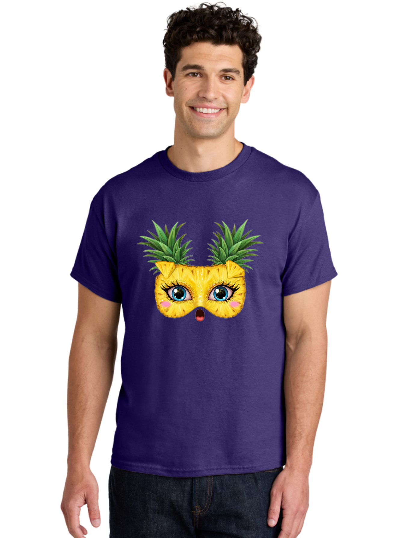 Pineapple-Mask Men'S Graphic Tee, 100% Cotton, Comfortable Casual Summer Wear, Machine Washable, Cartoon Pineapple With Face, Pineapple Character, Funny Fruit, Tropical Vibe, Blue Eyes, Eyelashes, Pink Cheeks, Surprised Expression, Summer Fun, Bad420 17