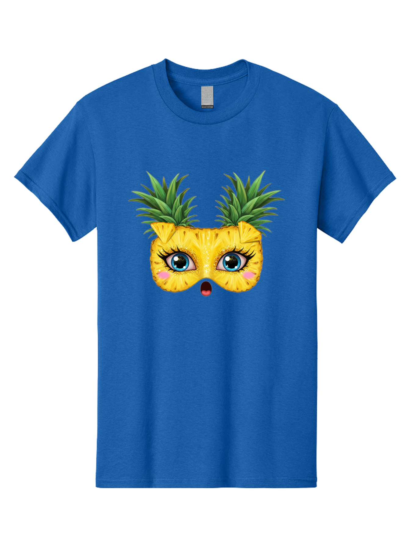 Pineapple-Mask Men'S Graphic Tee, 100% Cotton, Comfortable Casual Summer Wear, Machine Washable, Cartoon Pineapple With Face, Pineapple Character, Funny Fruit, Tropical Vibe, Blue Eyes, Eyelashes, Pink Cheeks, Surprised Expression, Summer Fun, Bad420 7