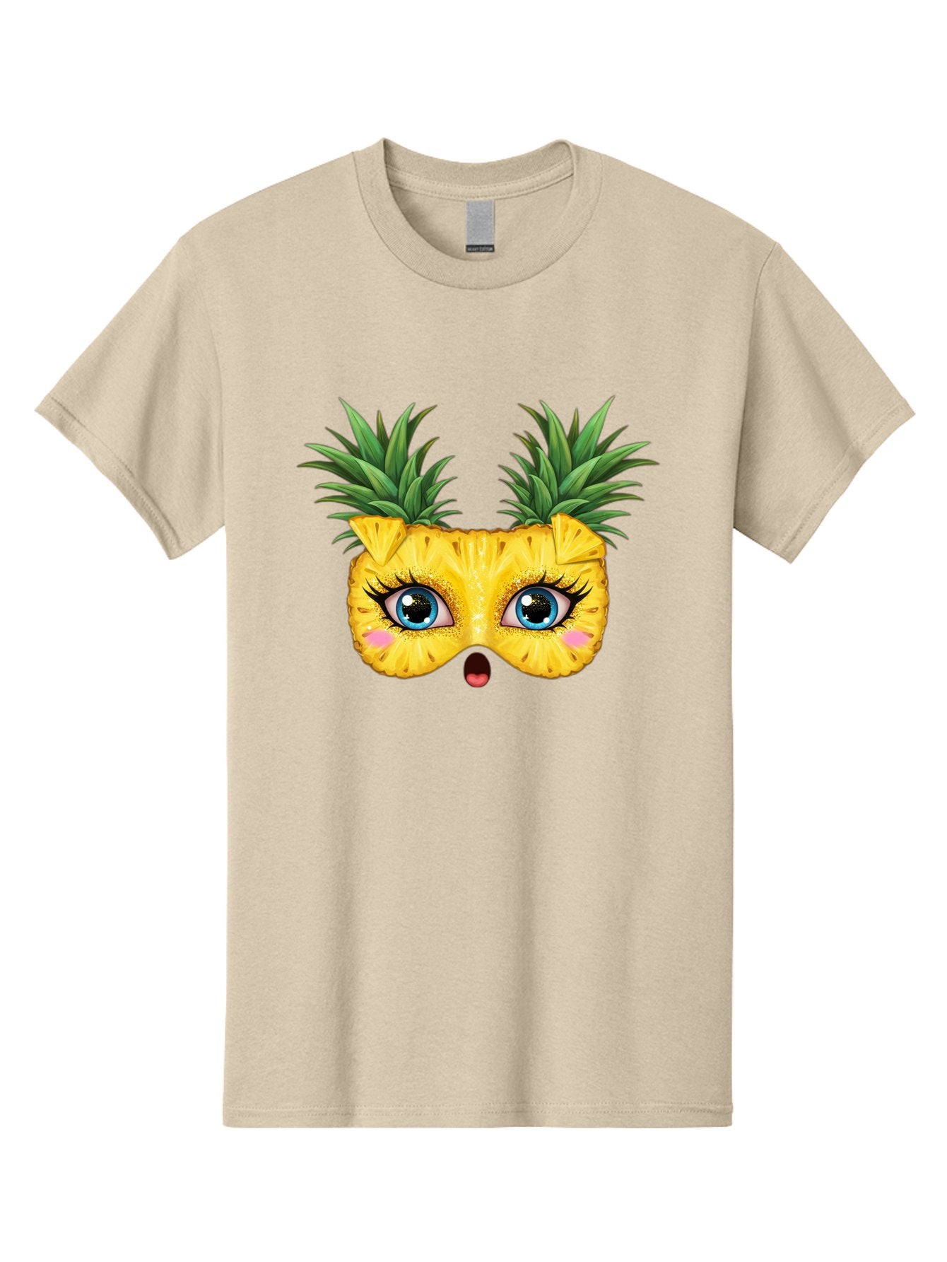 Pineapple-Mask Men'S Graphic Tee, 100% Cotton, Comfortable Casual Summer Wear, Machine Washable, Cartoon Pineapple With Face, Pineapple Character, Funny Fruit, Tropical Vibe, Blue Eyes, Eyelashes, Pink Cheeks, Surprised Expression, Summer Fun, Bad420 4