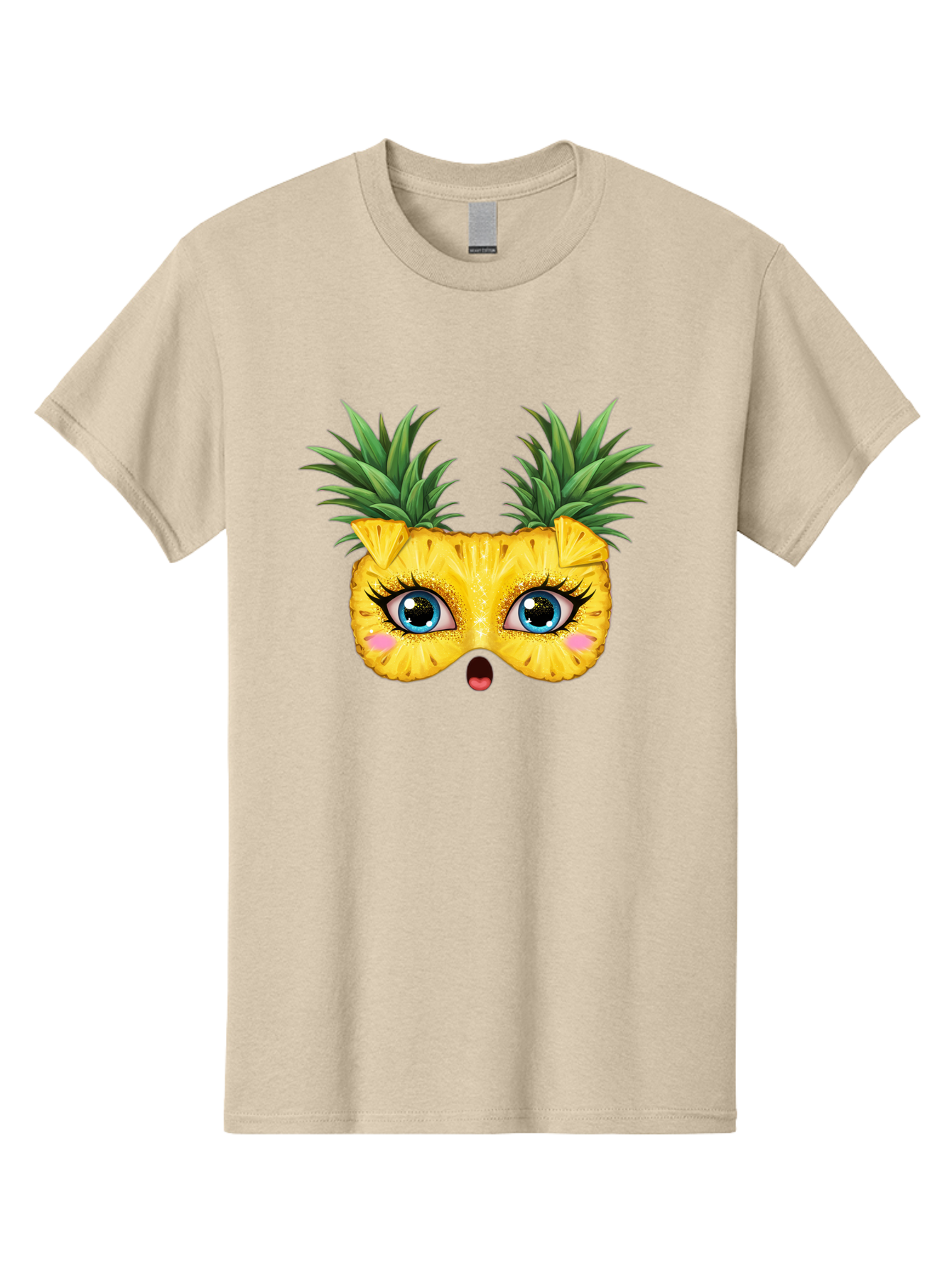 Pineapple-Mask Men'S Graphic Tee, 100% Cotton, Comfortable Casual Summer Wear, Machine Washable, Cartoon Pineapple With Face, Pineapple Character, Funny Fruit, Tropical Vibe, Blue Eyes, Eyelashes, Pink Cheeks, Surprised Expression, Summer Fun, Bad420 12