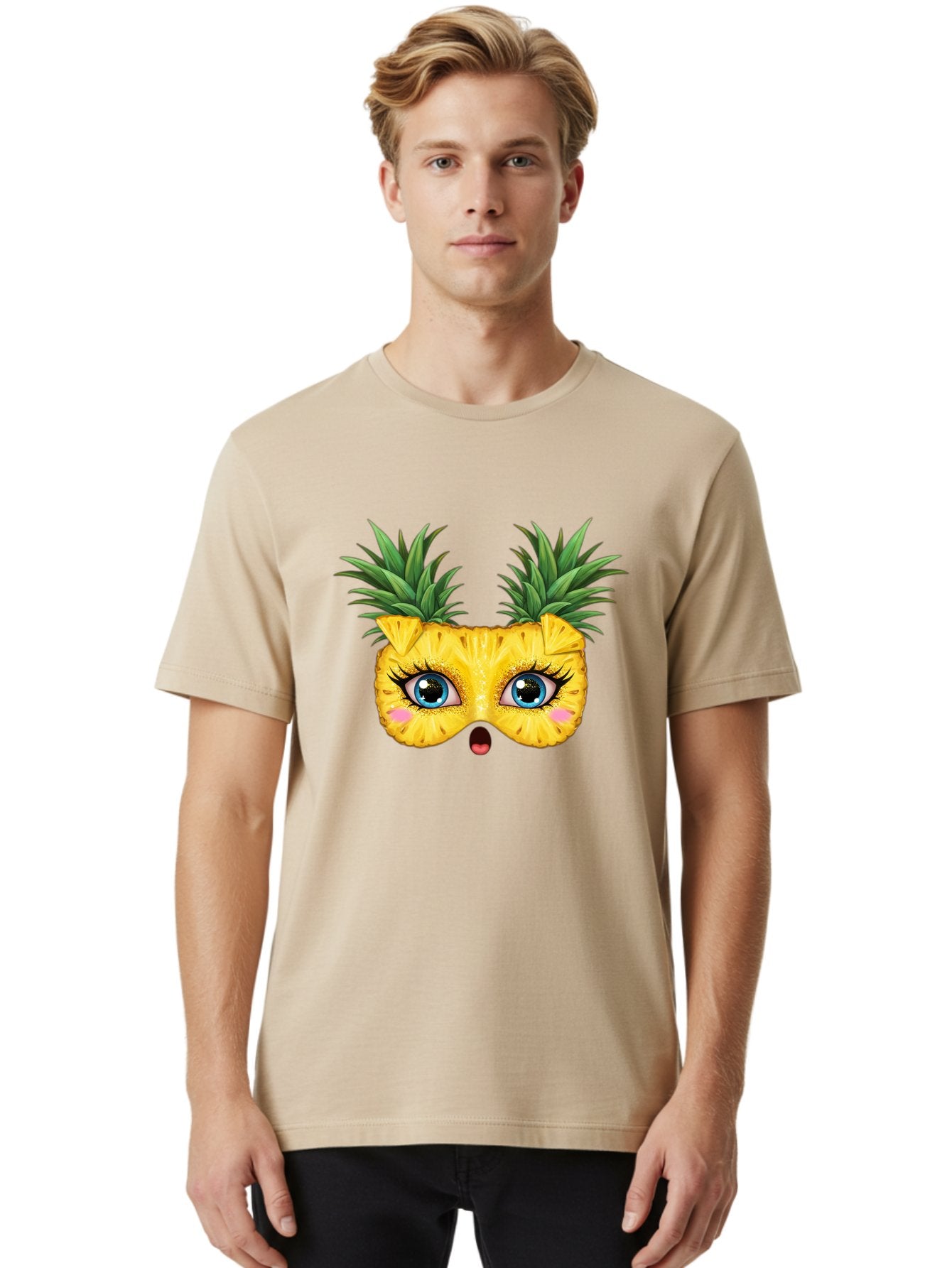 Pineapple-Mask Men'S Graphic Tee, 100% Cotton, Comfortable Casual Summer Wear, Machine Washable, Cartoon Pineapple With Face, Pineapple Character, Funny Fruit, Tropical Vibe, Blue Eyes, Eyelashes, Pink Cheeks, Surprised Expression, Summer Fun, Bad420 18