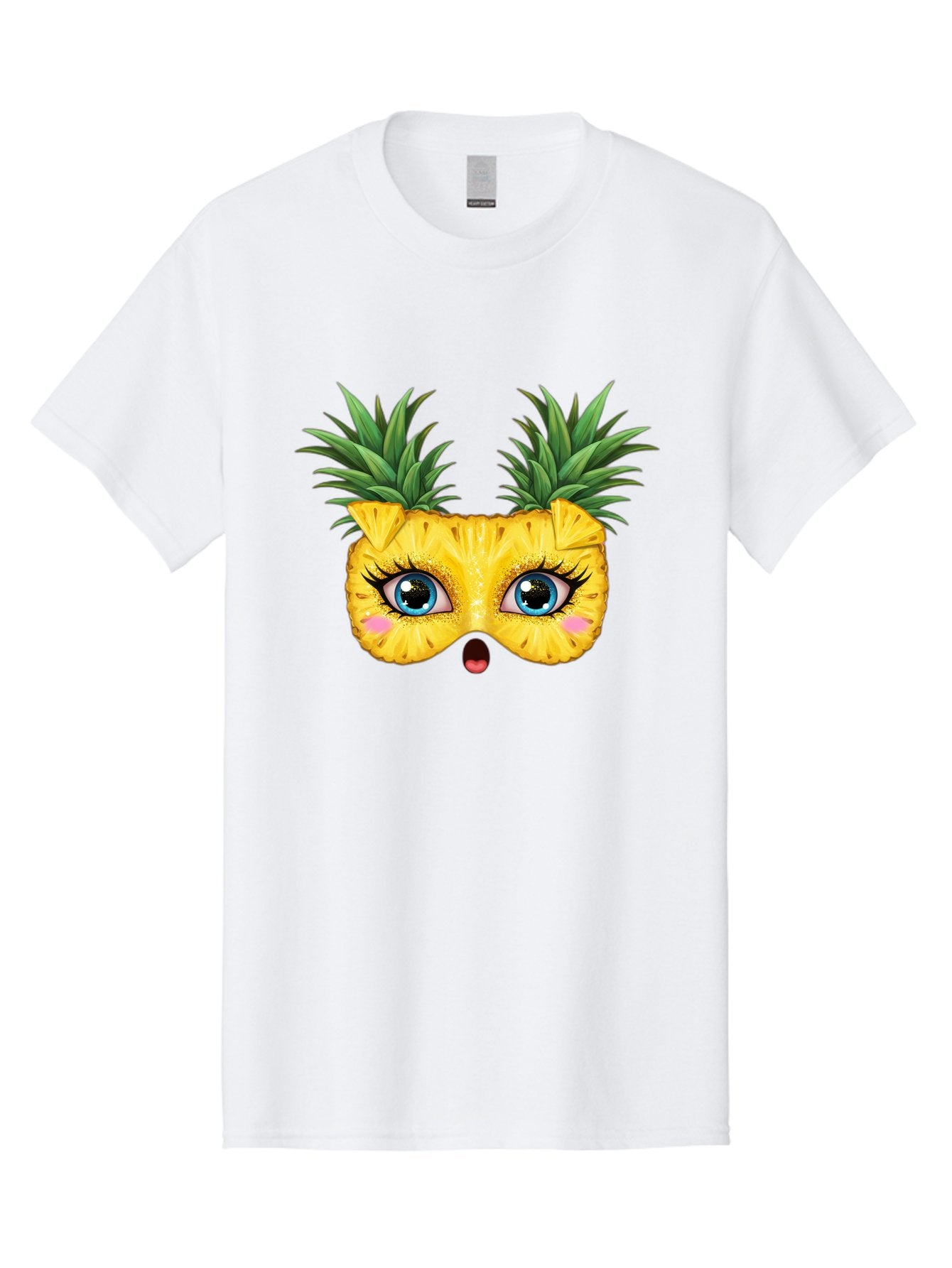 Pineapple-Mask Men'S Graphic Tee, 100% Cotton, Comfortable Casual Summer Wear, Machine Washable, Cartoon Pineapple With Face, Pineapple Character, Funny Fruit, Tropical Vibe, Blue Eyes, Eyelashes, Pink Cheeks, Surprised Expression, Summer Fun, Bad420 8