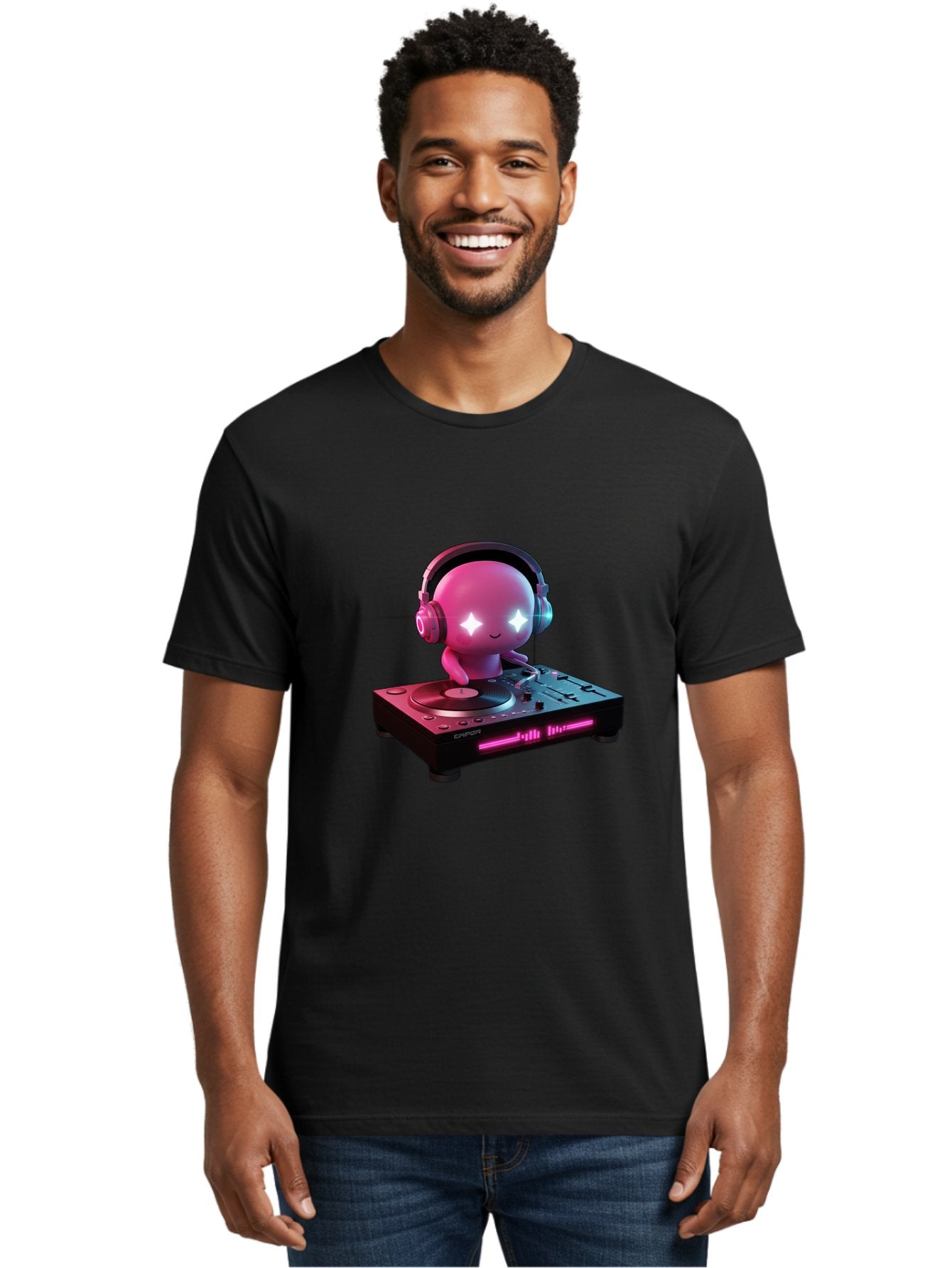 Pink-Alien-Dj Men'S Graphic Tee, 100% Cotton, Comfortable Casual Summer Wear, Machine Washable, Character Djing, Pink Headphones, Sparkling Eyes, Vinyl Record, Music Production, Electronic Dance Music, Dj Controller, Vibrant Scene, Bad421 25