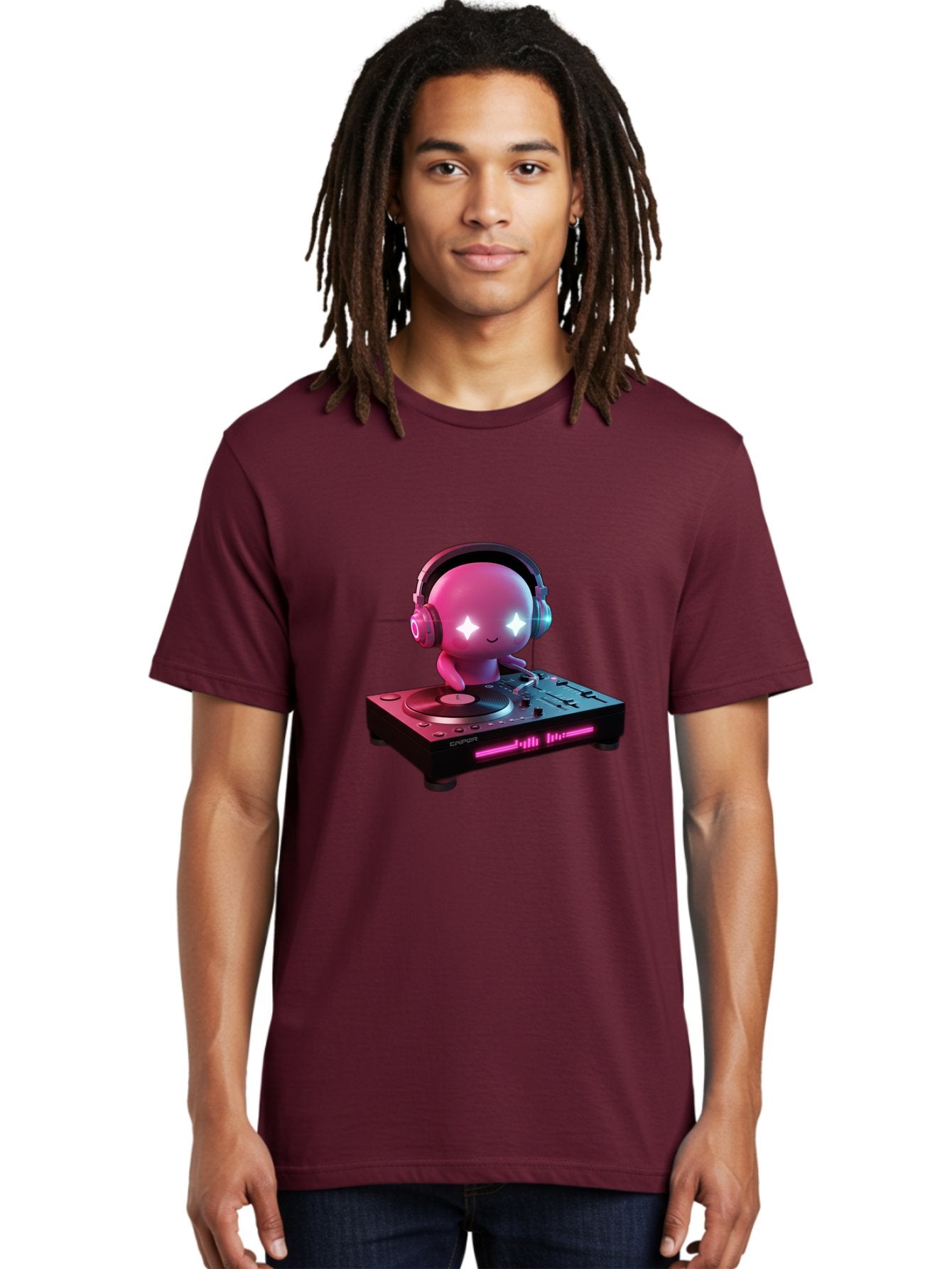 Pink-Alien-Dj Men'S Graphic Tee, 100% Cotton, Comfortable Casual Summer Wear, Machine Washable, Character Djing, Pink Headphones, Sparkling Eyes, Vinyl Record, Music Production, Electronic Dance Music, Dj Controller, Vibrant Scene, Bad421 22