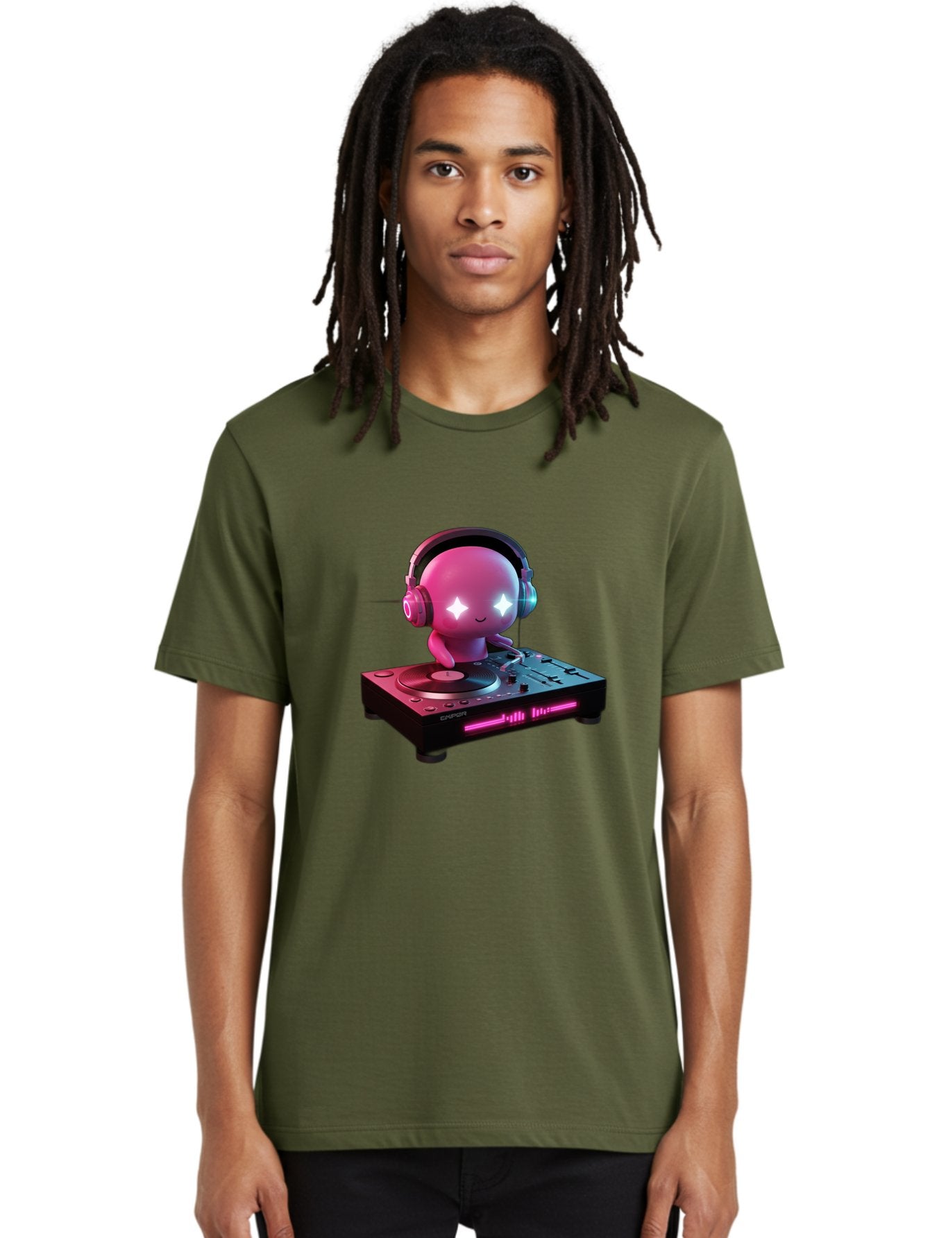 Pink-Alien-Dj Men'S Graphic Tee, 100% Cotton, Comfortable Casual Summer Wear, Machine Washable, Character Djing, Pink Headphones, Sparkling Eyes, Vinyl Record, Music Production, Electronic Dance Music, Dj Controller, Vibrant Scene, Bad421 23