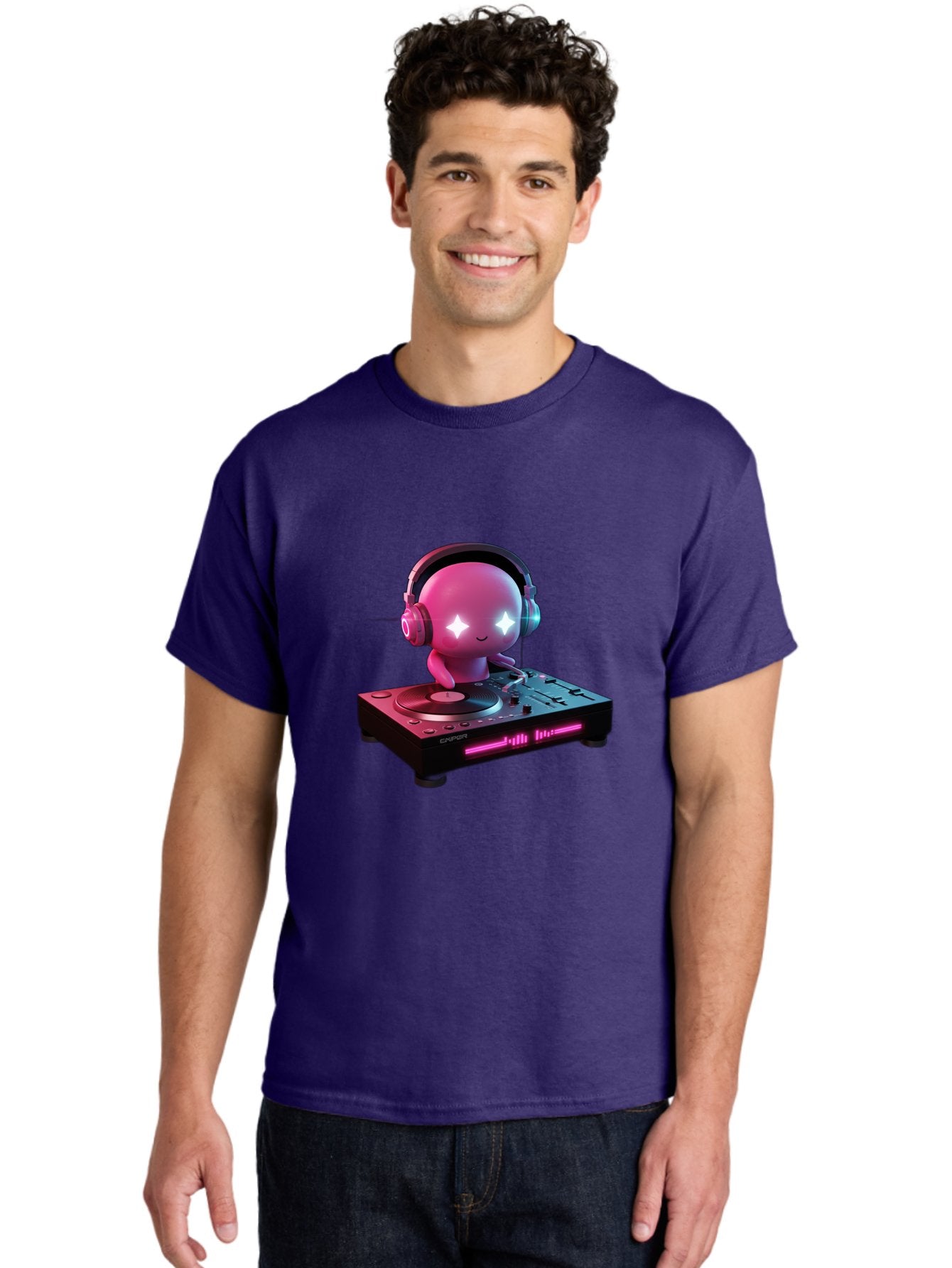 Pink-Alien-Dj Men'S Graphic Tee, 100% Cotton, Comfortable Casual Summer Wear, Machine Washable, Character Djing, Pink Headphones, Sparkling Eyes, Vinyl Record, Music Production, Electronic Dance Music, Dj Controller, Vibrant Scene, Bad421 21