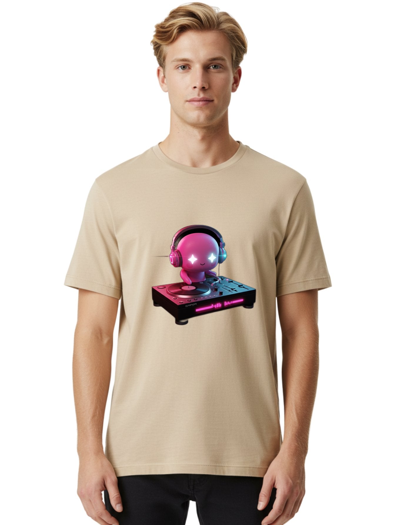 Pink-Alien-Dj Men'S Graphic Tee, 100% Cotton, Comfortable Casual Summer Wear, Machine Washable, Character Djing, Pink Headphones, Sparkling Eyes, Vinyl Record, Music Production, Electronic Dance Music, Dj Controller, Vibrant Scene, Bad421 24