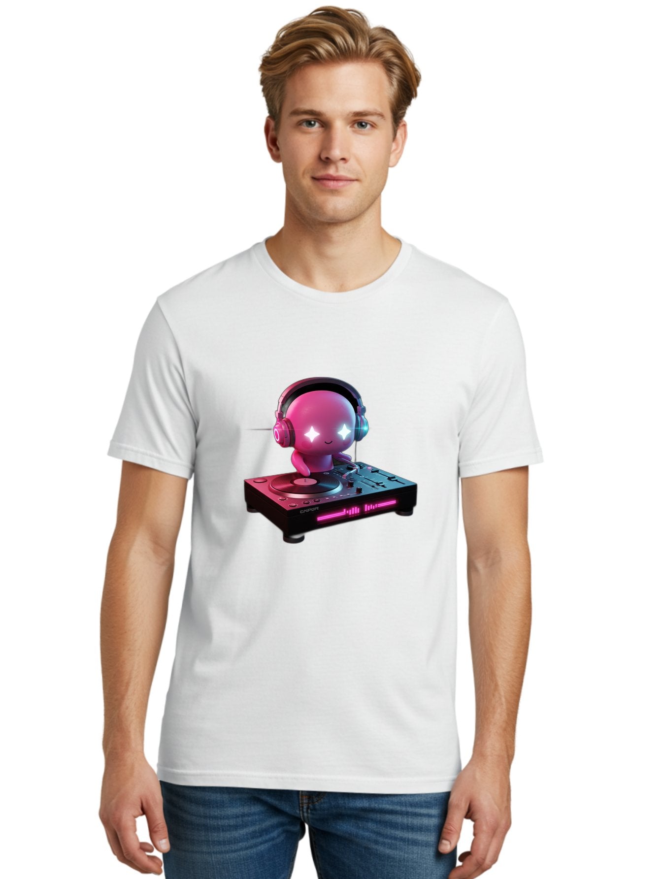 Pink-Alien-Dj Men'S Graphic Tee, 100% Cotton, Comfortable Casual Summer Wear, Machine Washable, Character Djing, Pink Headphones, Sparkling Eyes, Vinyl Record, Music Production, Electronic Dance Music, Dj Controller, Vibrant Scene, Bad421 30