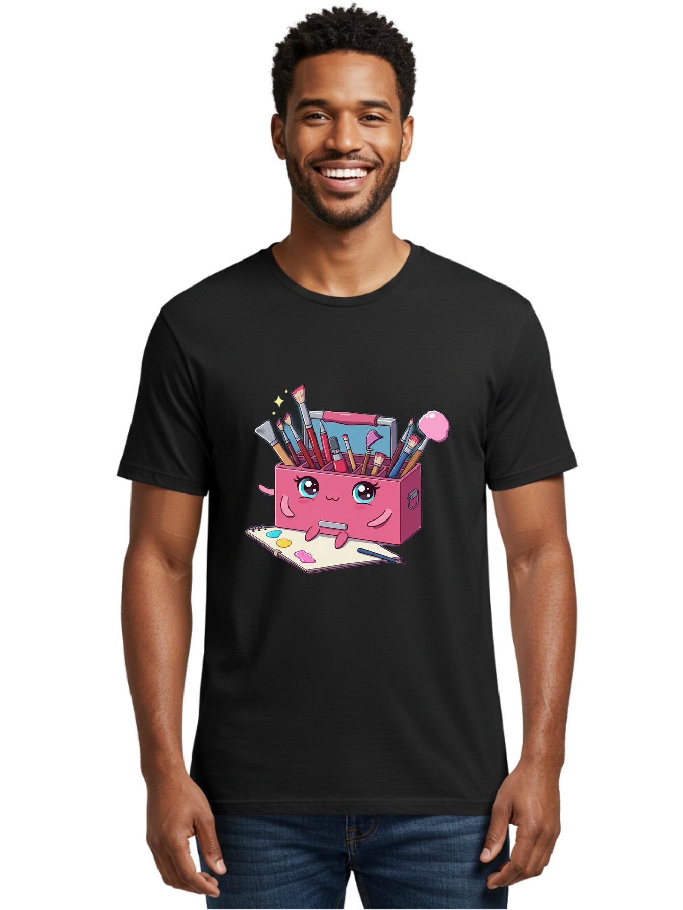 Pink-Art-Supply-Box Men'S Graphic Tee, 100% Cotton, Comfortable Casual Summer Wear, Machine Washable, Cartoon Toolbox, Art Supplies, Paintbrushes, Pencils, Colorful Palette, Creative Expression, Artistic Tools, Kawaii Character, Bad422 24