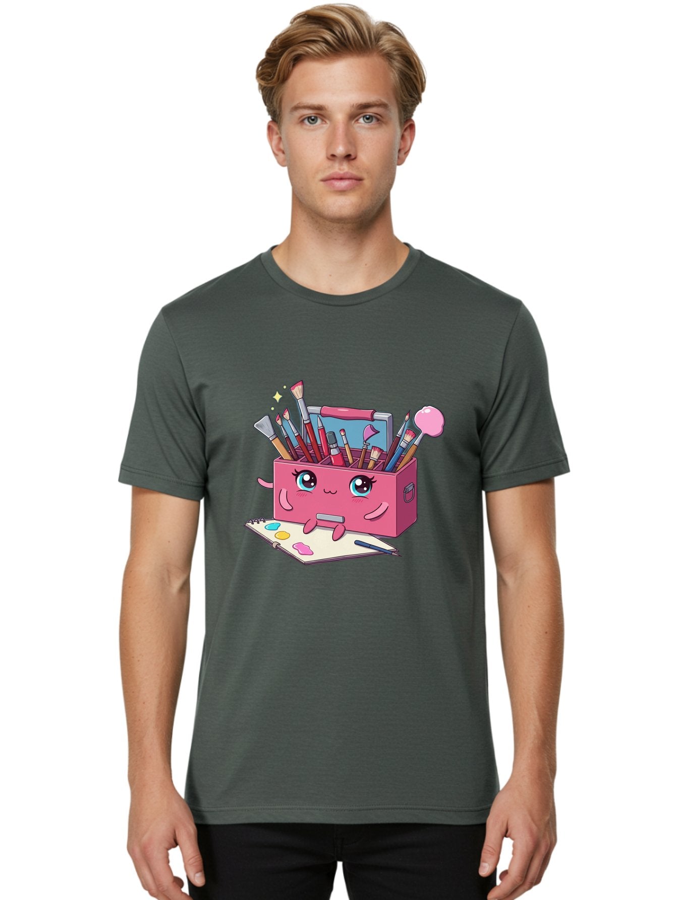 Pink-Art-Supply-Box Men'S Graphic Tee, 100% Cotton, Comfortable Casual Summer Wear, Machine Washable, Cartoon Toolbox, Art Supplies, Paintbrushes, Pencils, Colorful Palette, Creative Expression, Artistic Tools, Kawaii Character, Bad422 16