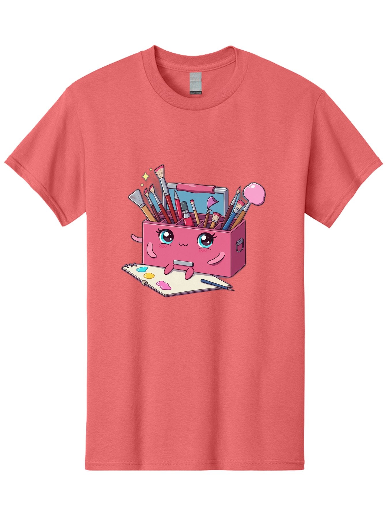Pink-Art-Supply-Box Men'S Graphic Tee, 100% Cotton, Comfortable Casual Summer Wear, Machine Washable, Cartoon Toolbox, Art Supplies, Paintbrushes, Pencils, Colorful Palette, Creative Expression, Artistic Tools, Kawaii Character, Bad422 3