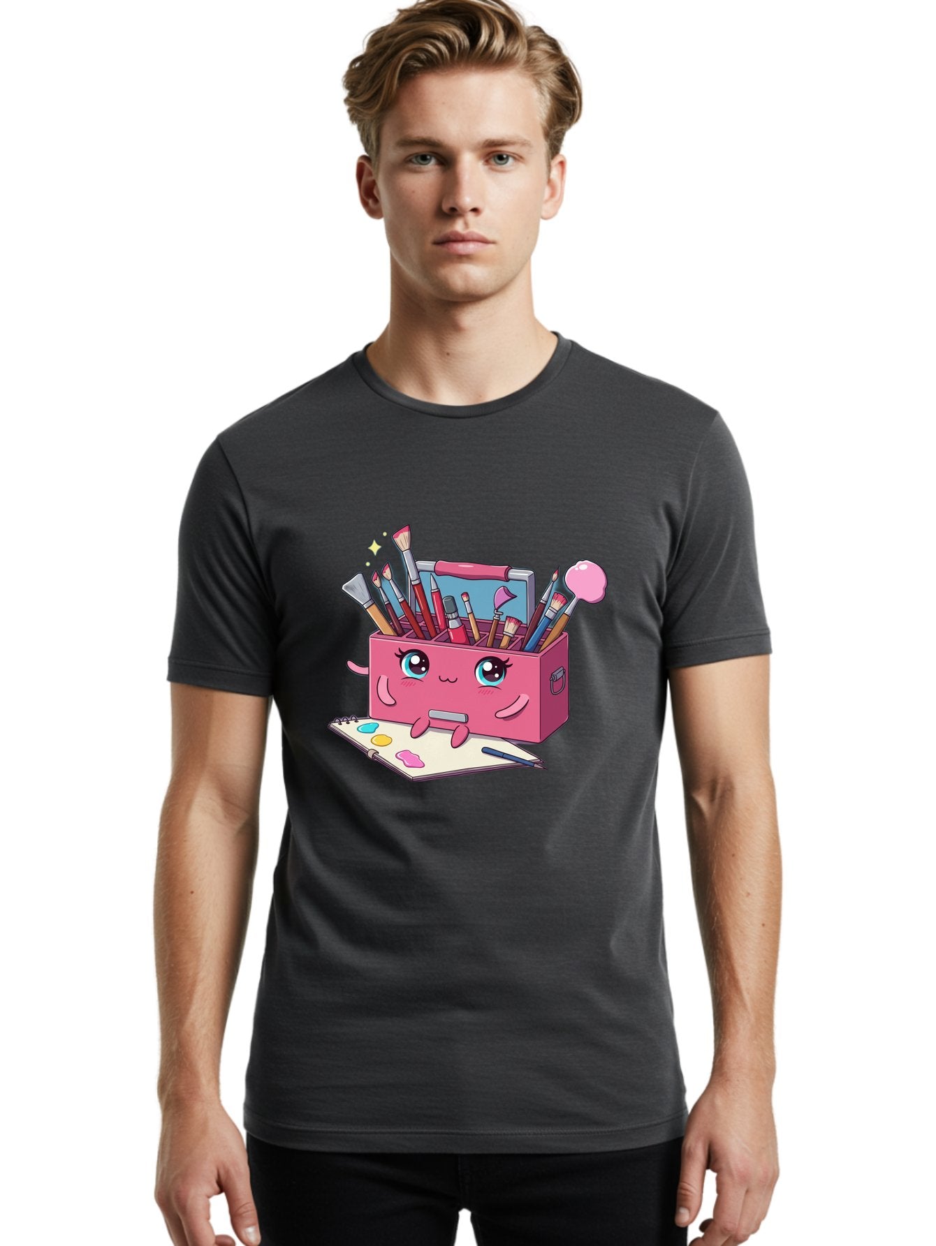 Pink-Art-Supply-Box Men'S Graphic Tee, 100% Cotton, Comfortable Casual Summer Wear, Machine Washable, Cartoon Toolbox, Art Supplies, Paintbrushes, Pencils, Colorful Palette, Creative Expression, Artistic Tools, Kawaii Character, Bad422 26