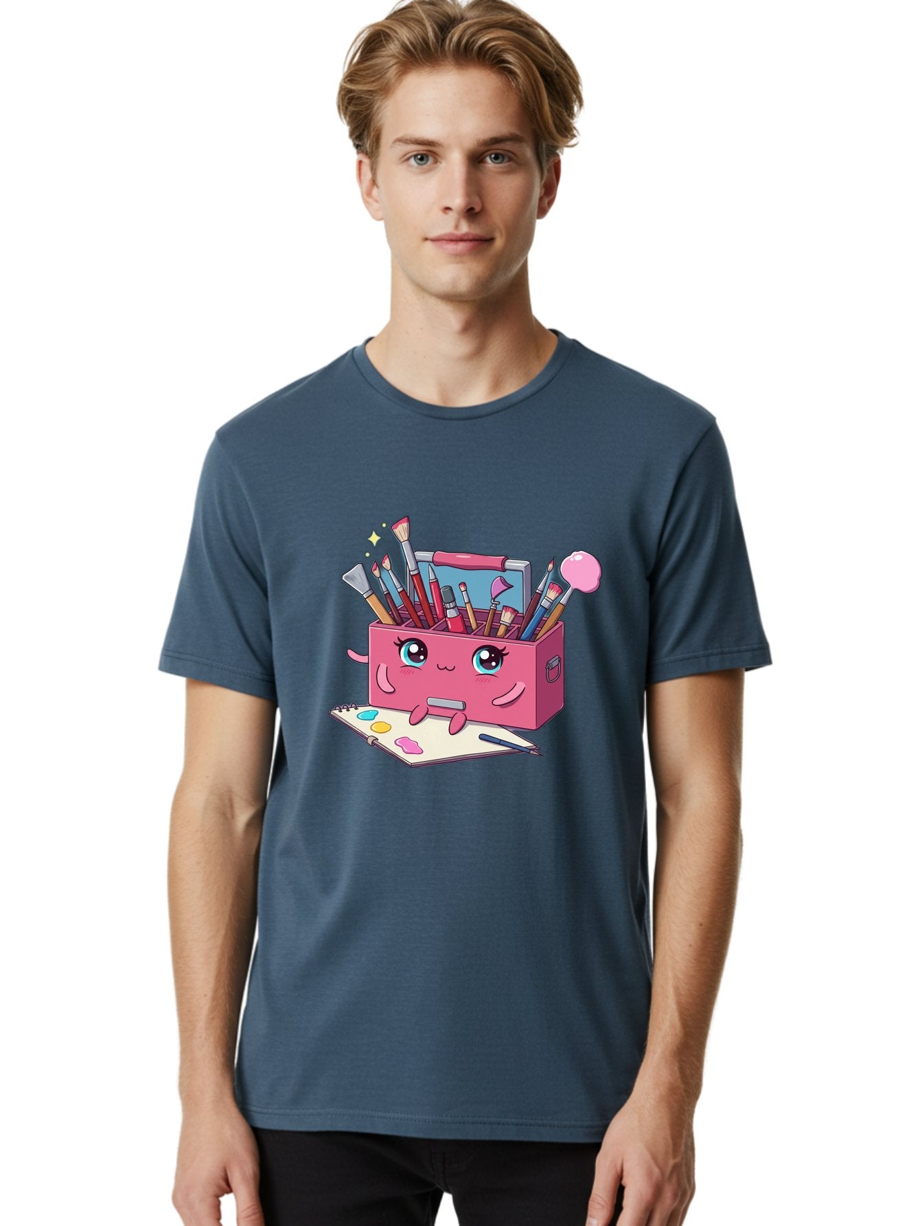 Pink-Art-Supply-Box Men'S Graphic Tee, 100% Cotton, Comfortable Casual Summer Wear, Machine Washable, Cartoon Toolbox, Art Supplies, Paintbrushes, Pencils, Colorful Palette, Creative Expression, Artistic Tools, Kawaii Character, Bad422 18