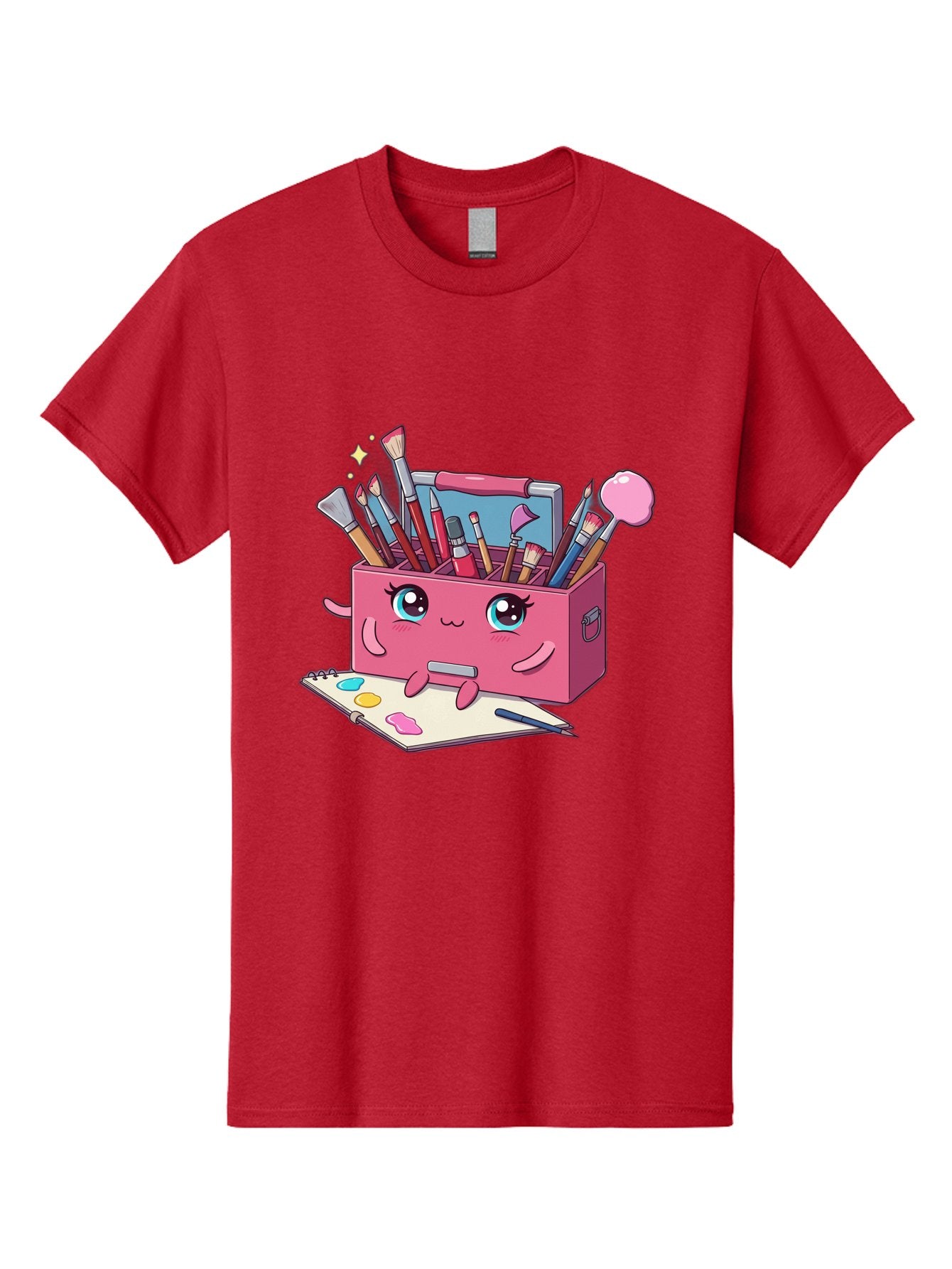 Pink-Art-Supply-Box Men'S Graphic Tee, 100% Cotton, Comfortable Casual Summer Wear, Machine Washable, Cartoon Toolbox, Art Supplies, Paintbrushes, Pencils, Colorful Palette, Creative Expression, Artistic Tools, Kawaii Character, Bad422