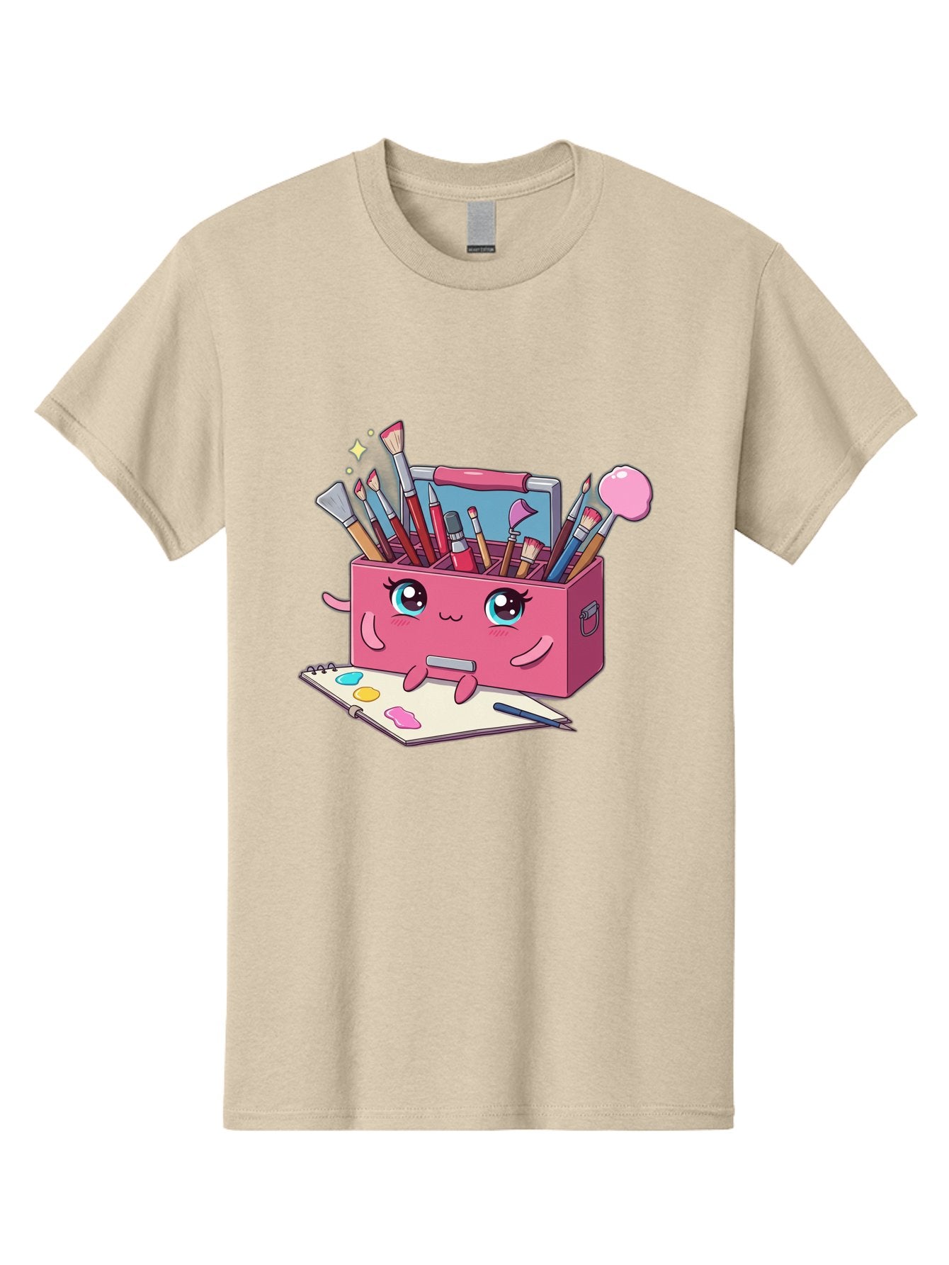 Pink-Art-Supply-Box Men'S Graphic Tee, 100% Cotton, Comfortable Casual Summer Wear, Machine Washable, Cartoon Toolbox, Art Supplies, Paintbrushes, Pencils, Colorful Palette, Creative Expression, Artistic Tools, Kawaii Character, Bad422