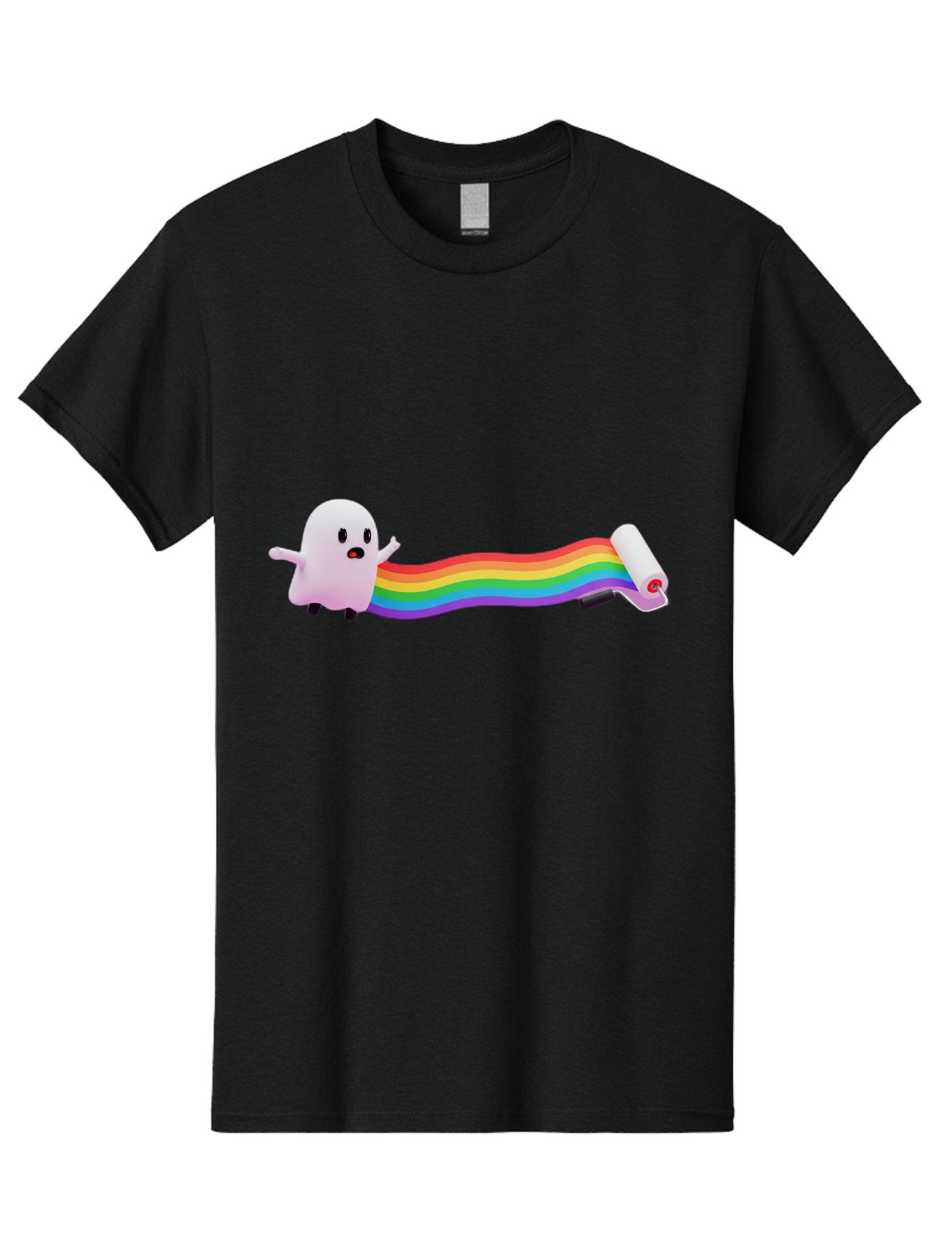 Pink-Blob-Rolling-Tape Men'S Graphic Tee, 100% Cotton, Comfortable Casual Summer Wear, Machine Washable, Cute Ghost, Rainbow Ribbon, Rolled-Up End, Whimsical Design, Playful Scene, Cartoon Style, Colorful Tape, Illustration Art, Bad423 4