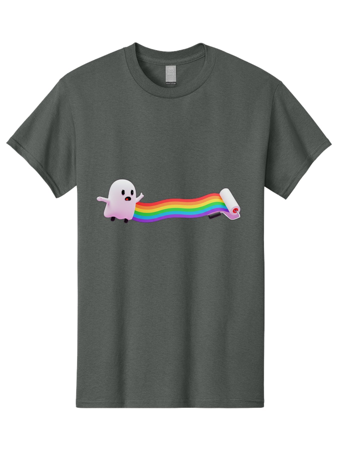 Pink-Blob-Rolling-Tape Men'S Graphic Tee, 100% Cotton, Comfortable Casual Summer Wear, Machine Washable, Cute Ghost, Rainbow Ribbon, Rolled-Up End, Whimsical Design, Playful Scene, Cartoon Style, Colorful Tape, Illustration Art, Bad423 3